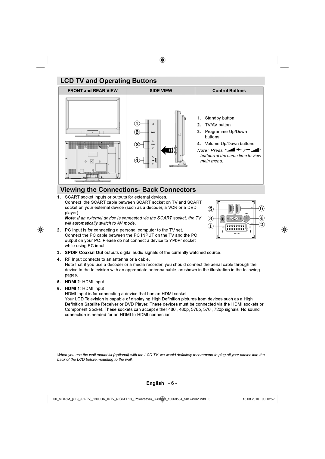 Technika 32-2011 manual LCD TV and Operating Buttons, Viewing the Connections- Back Connectors 