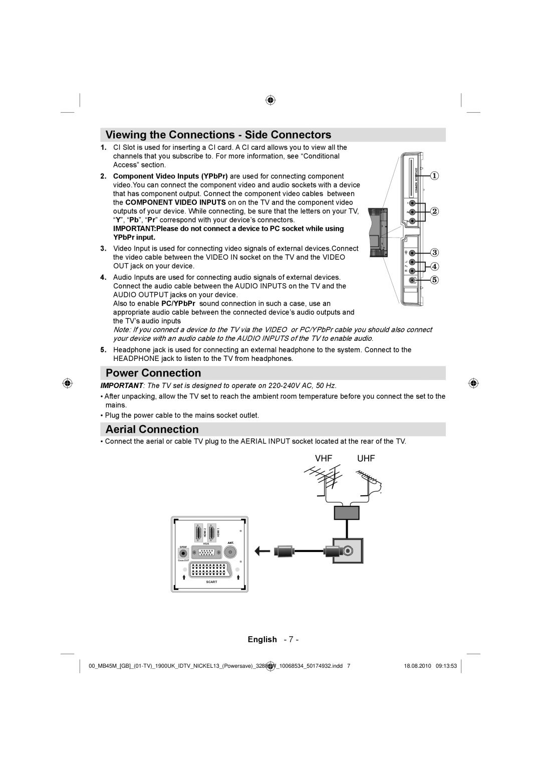 Technika 32-2011 manual Viewing the Connections Side Connectors, Power Connection, Aerial Connection 