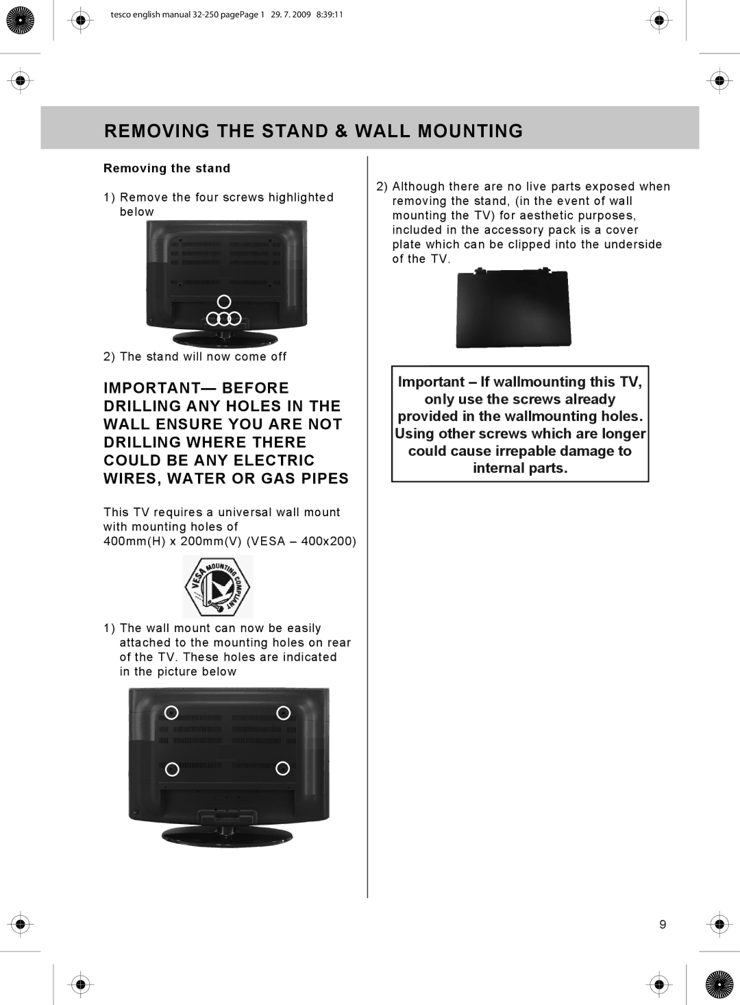 Technika 32-250 manual Removing the Stand & Wall Mounting, Removing the stand 