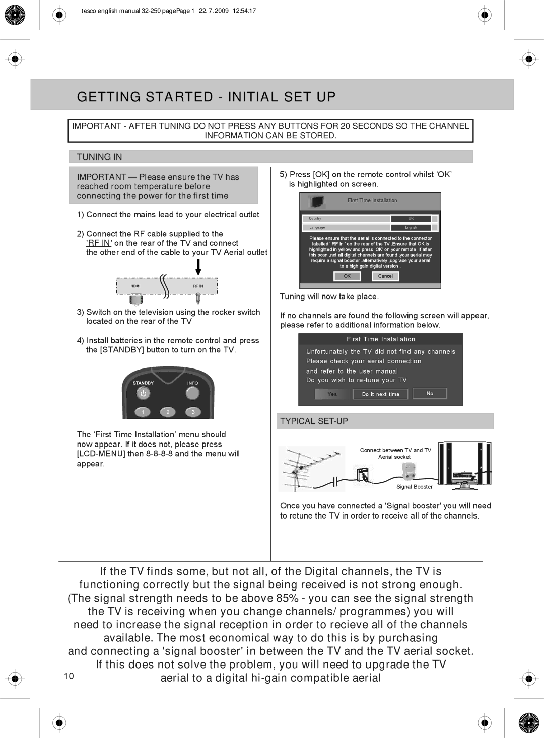 Technika 32-250 manual Getting Started Initial SET UP, Tuning 