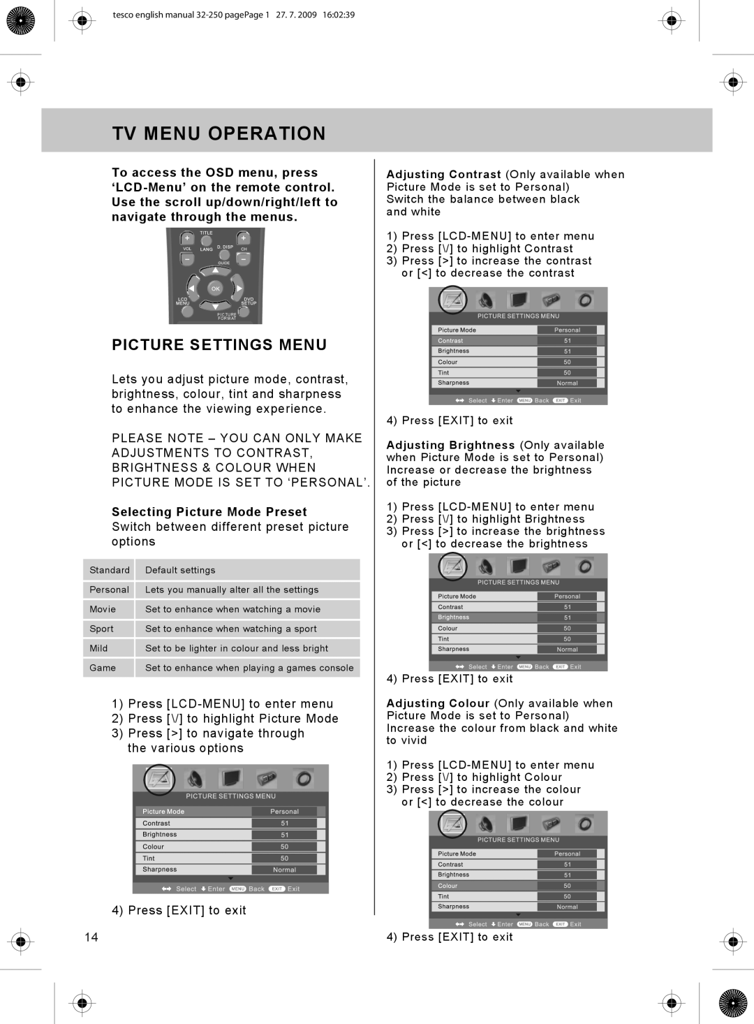 Technika 32-250 manual TV Menu Operation, Picture Settings Menu 