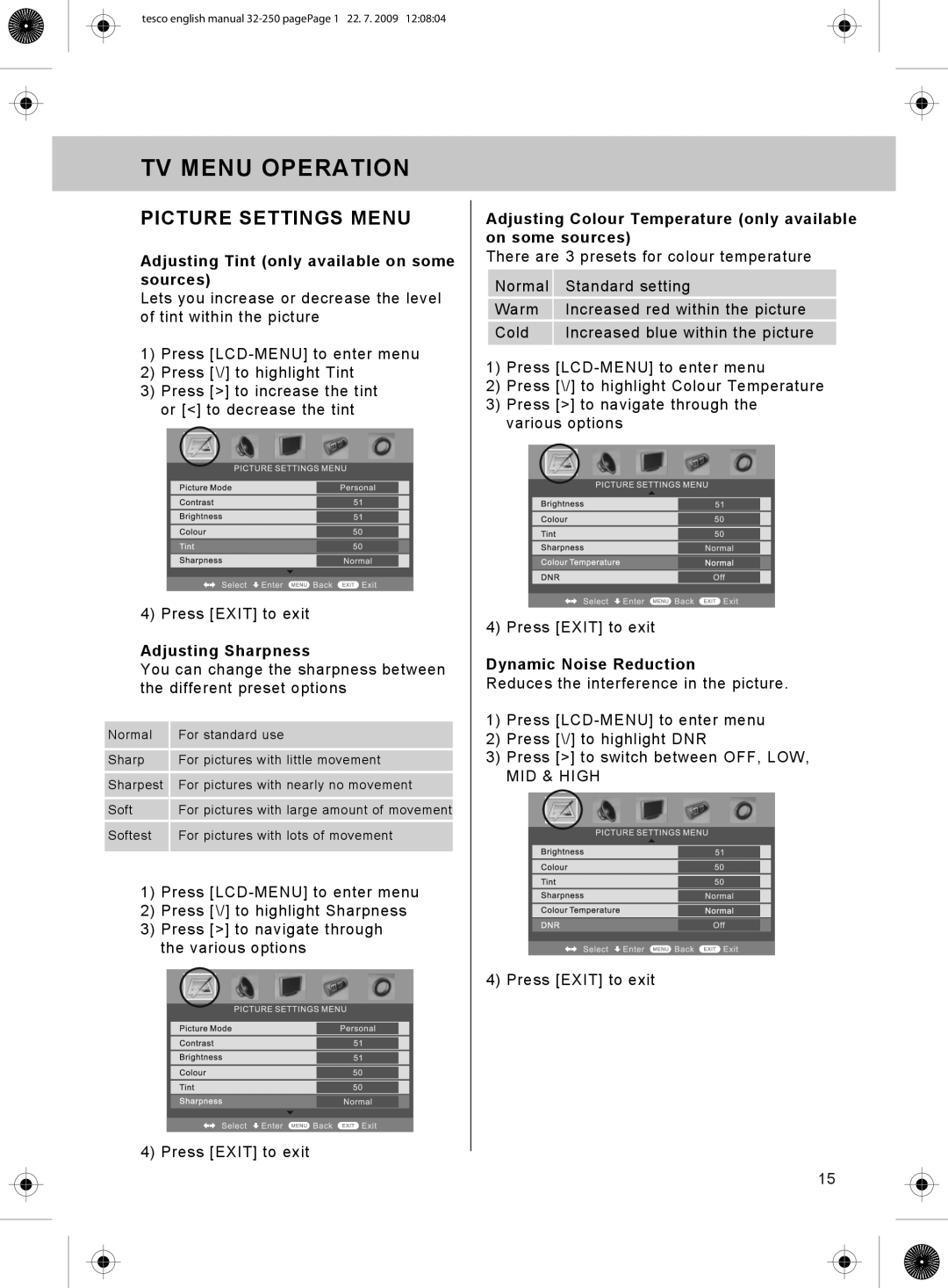 Technika 32-250 manual Adjusting Tint only available on some sources, Adjusting Sharpness, Dynamic Noise Reduction 