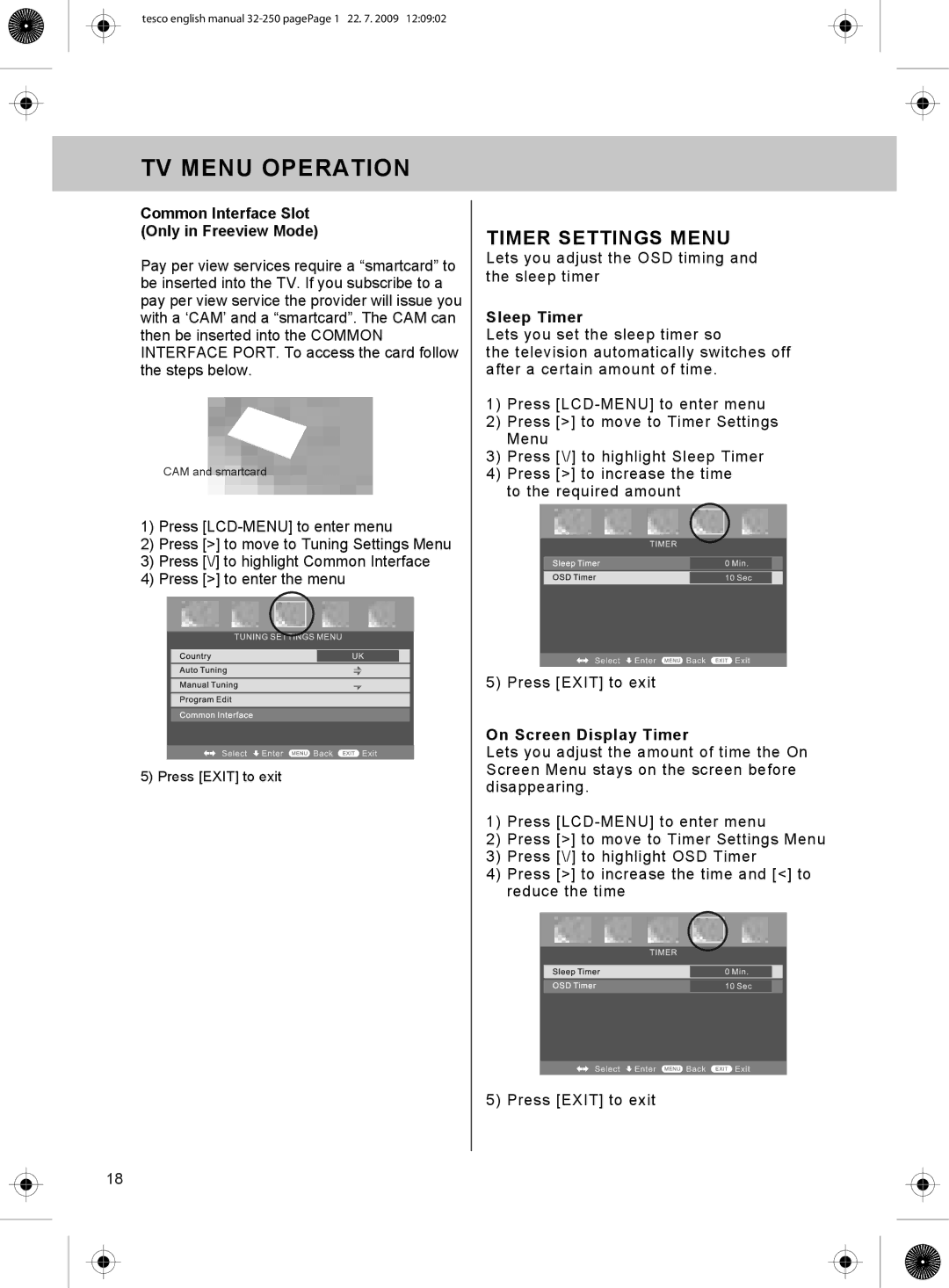 Technika 32-250 Timer Settings Menu, Common Interface Slot Only in Freeview Mode, Sleep Timer, On Screen Display Timer 