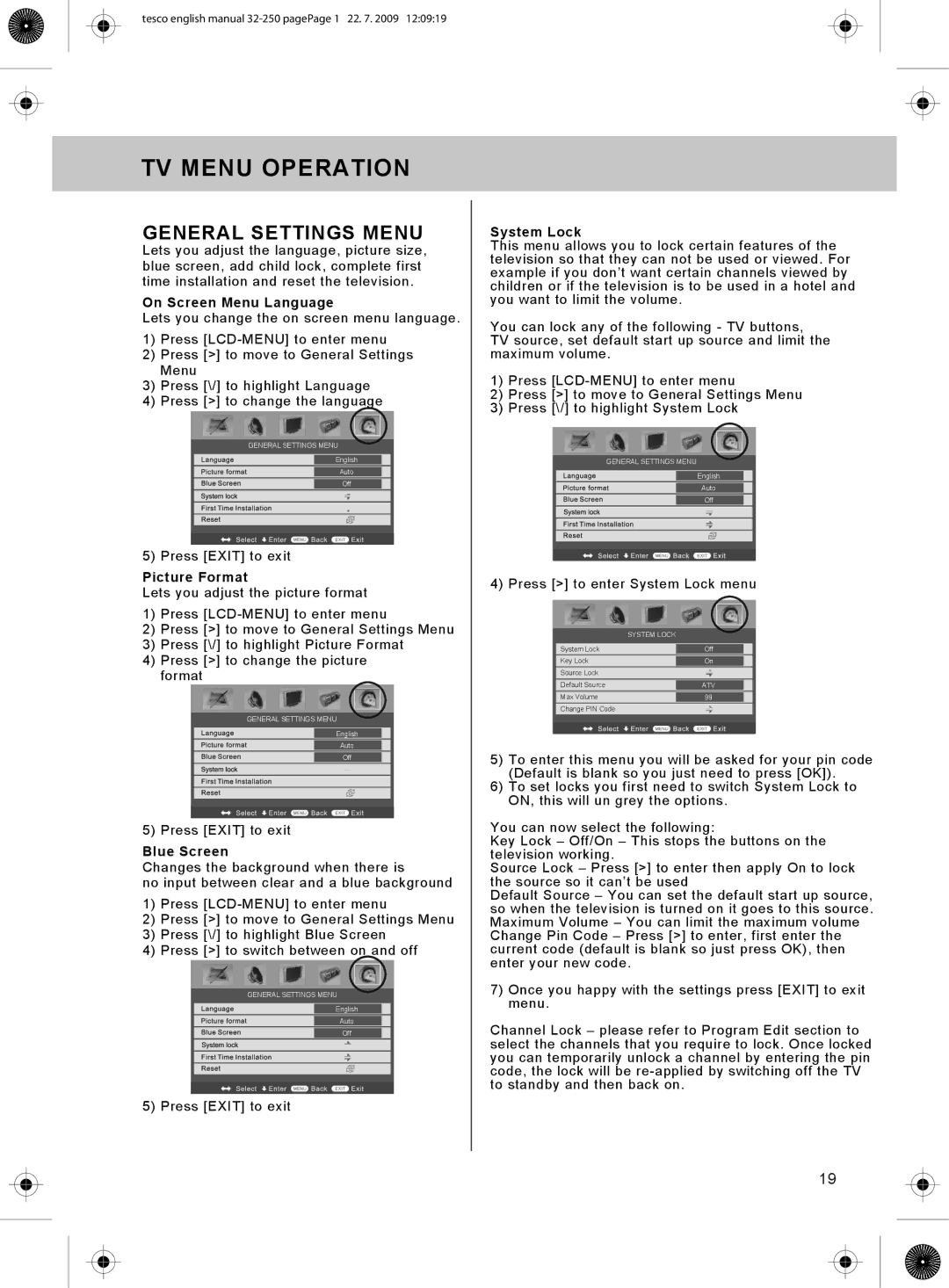 Technika 32-250 manual General Settings Menu, On Screen Menu Language 