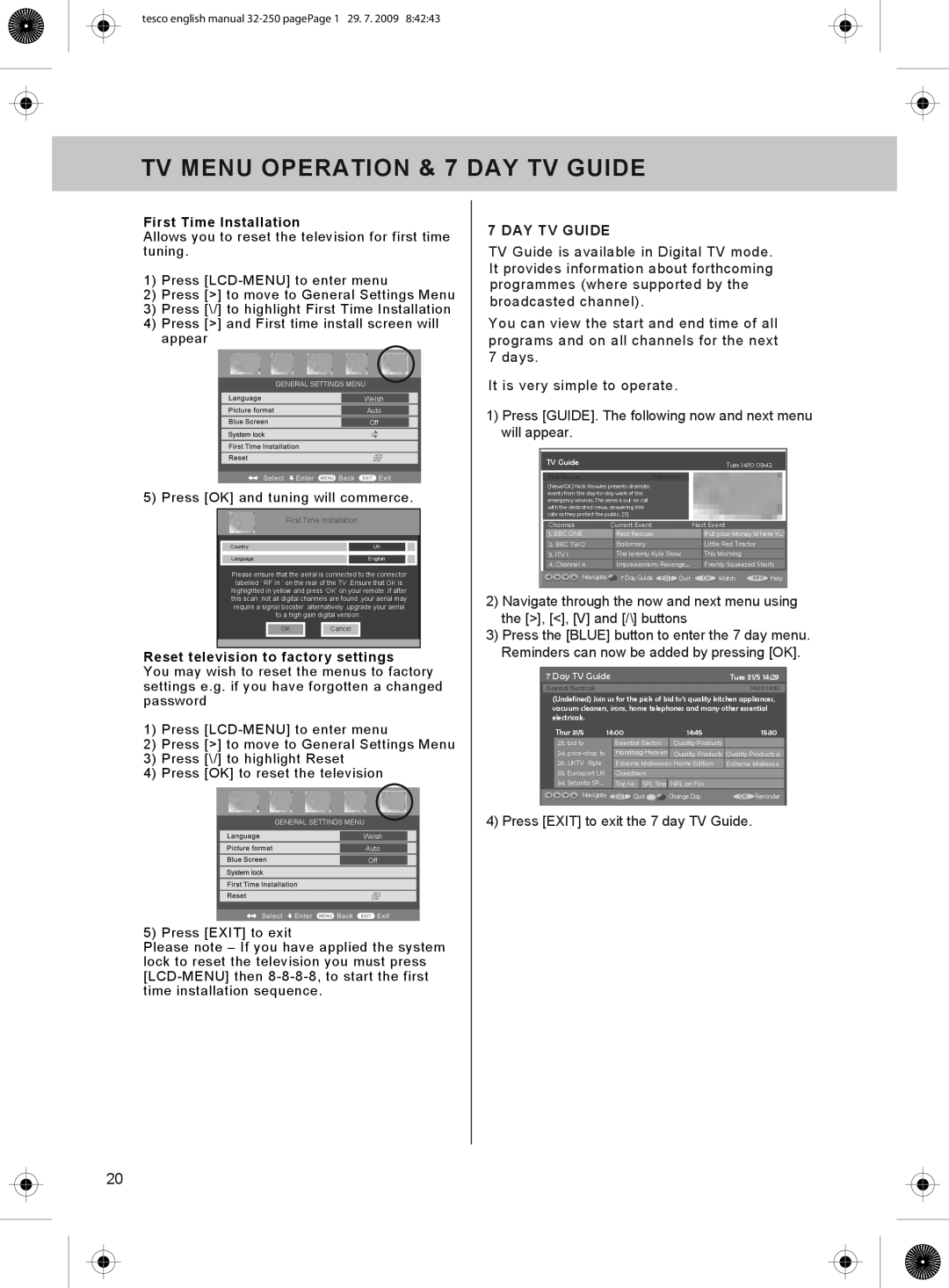 Technika 32-250 manual TV Menu Operation & 7 DAY TV Guide, First Time Installation 