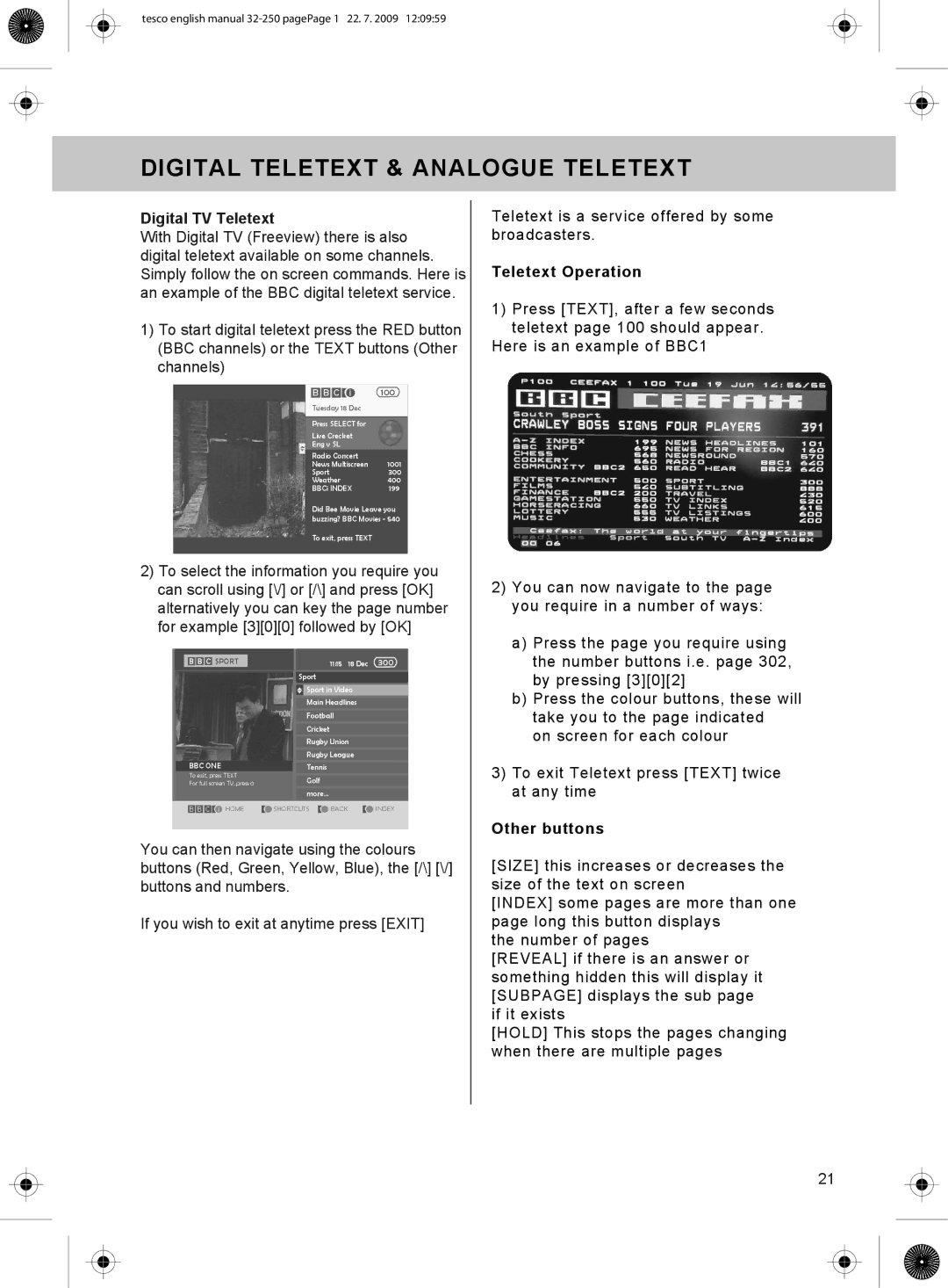 Technika 32-250 manual Digital Teletext & Analogue Teletext, Teletext Operation, Other buttons 