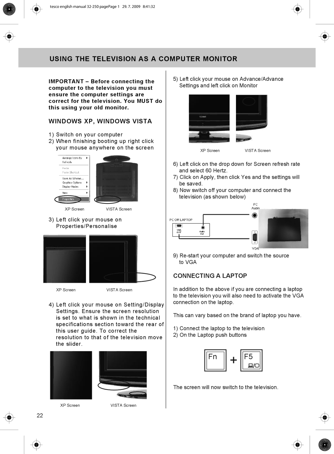 Technika 32-250 manual Using the Television AS a Computer Monitor, Windows XP, Windows Vista 