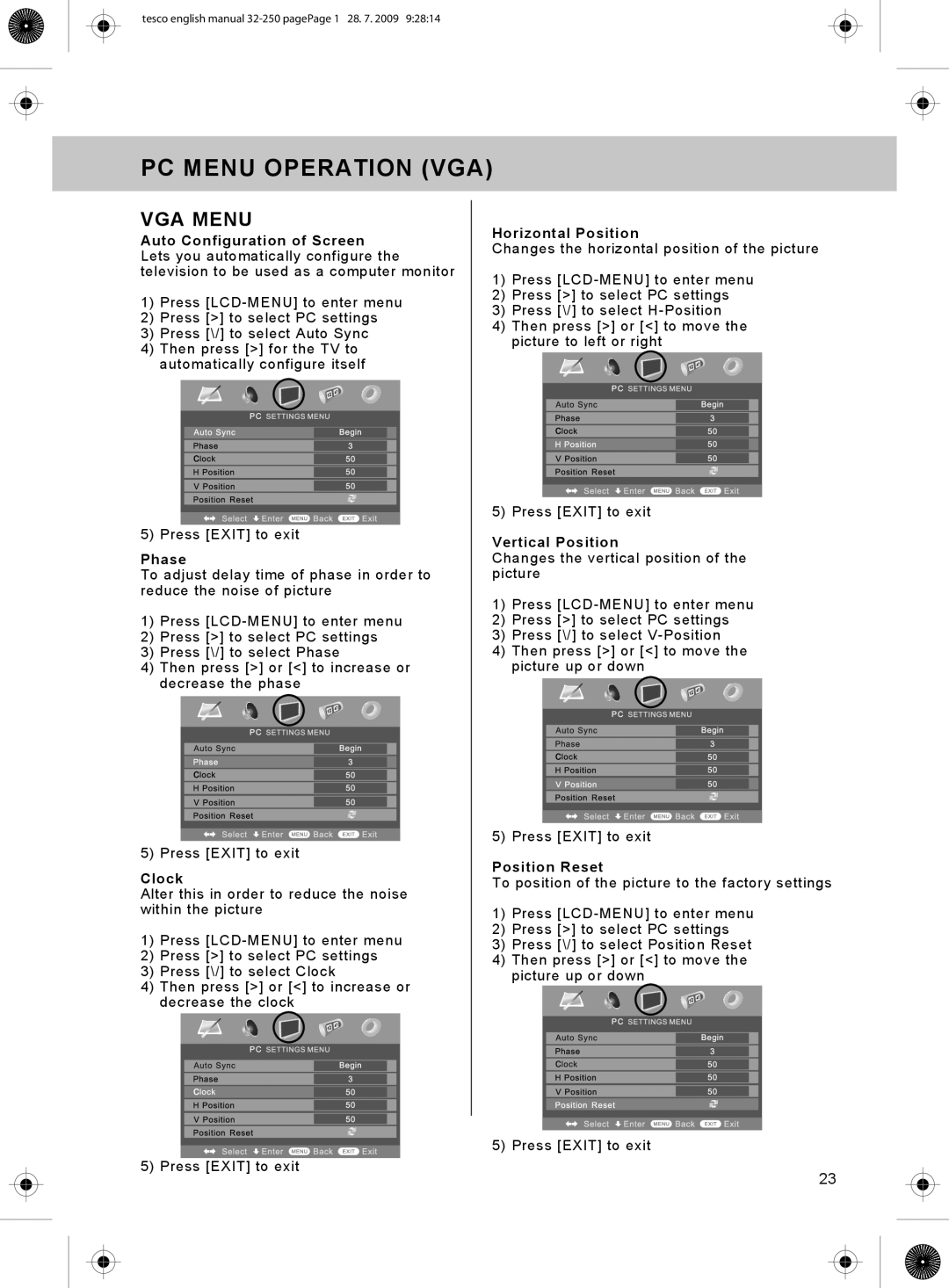 Technika 32-250 manual PC Menu Operation VGA, VGA Menu 