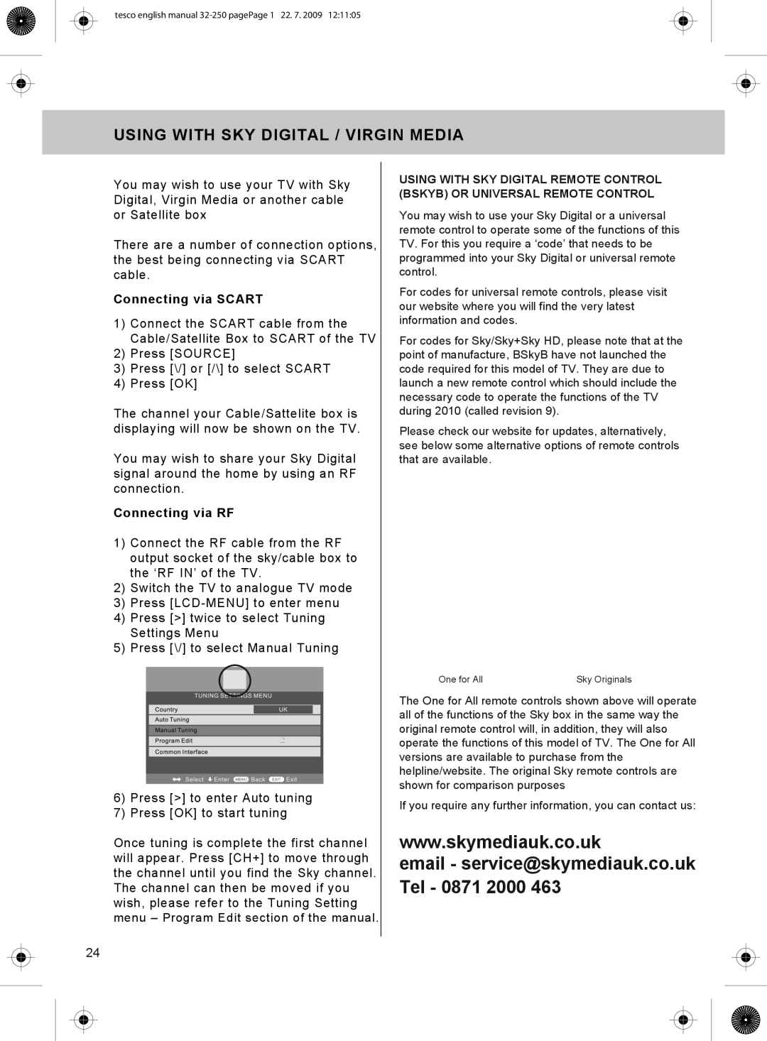 Technika 32-250 manual Using with SKY Digital / Virgin Media, Connecting via Scart, Connecting via RF 