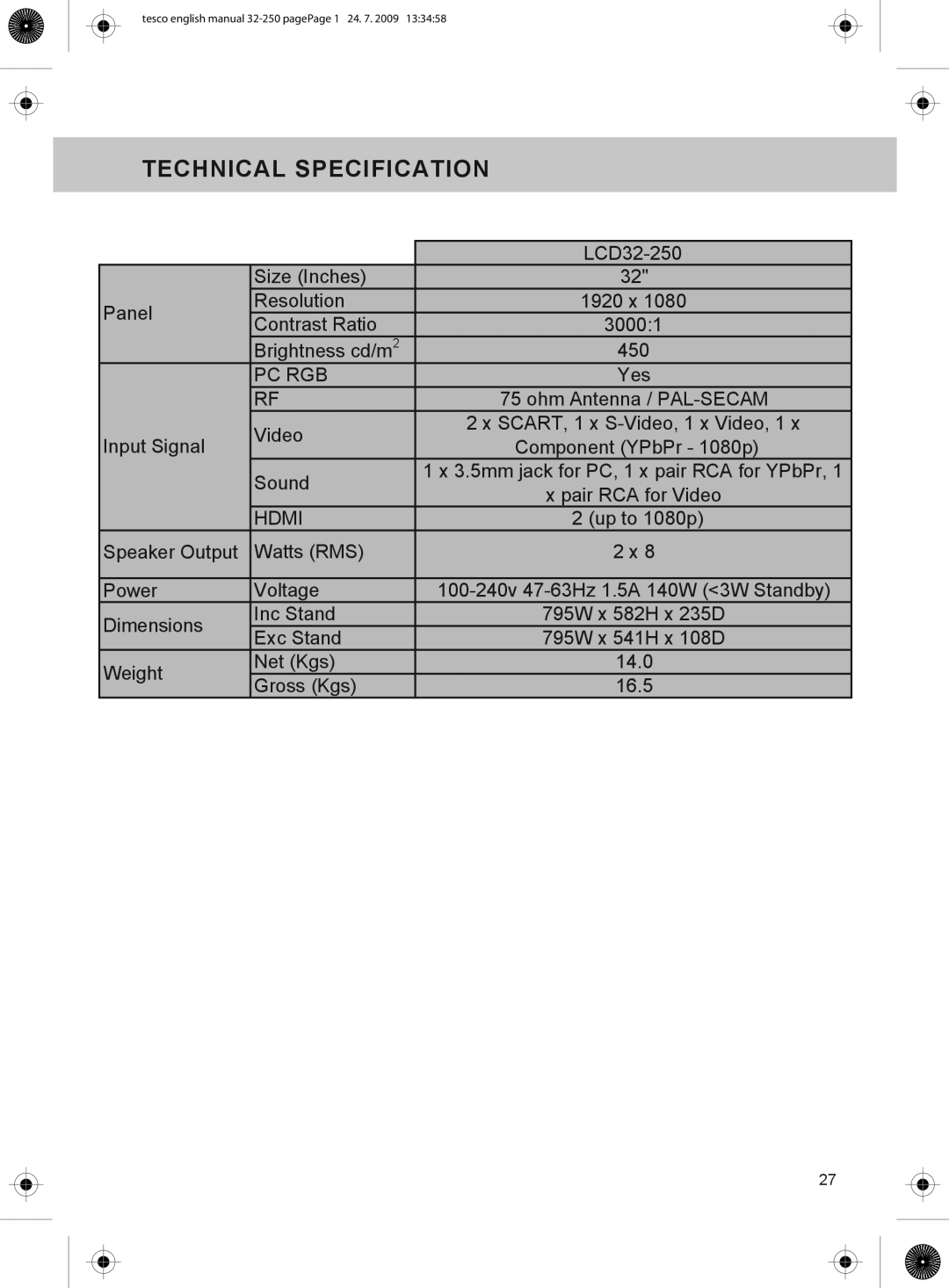 Technika 32-250 manual Technical Specification, Pc Rgb 