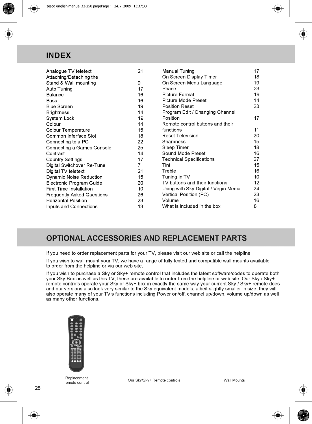 Technika 32-250 manual Index, Optional Accessories and Replacement Parts 