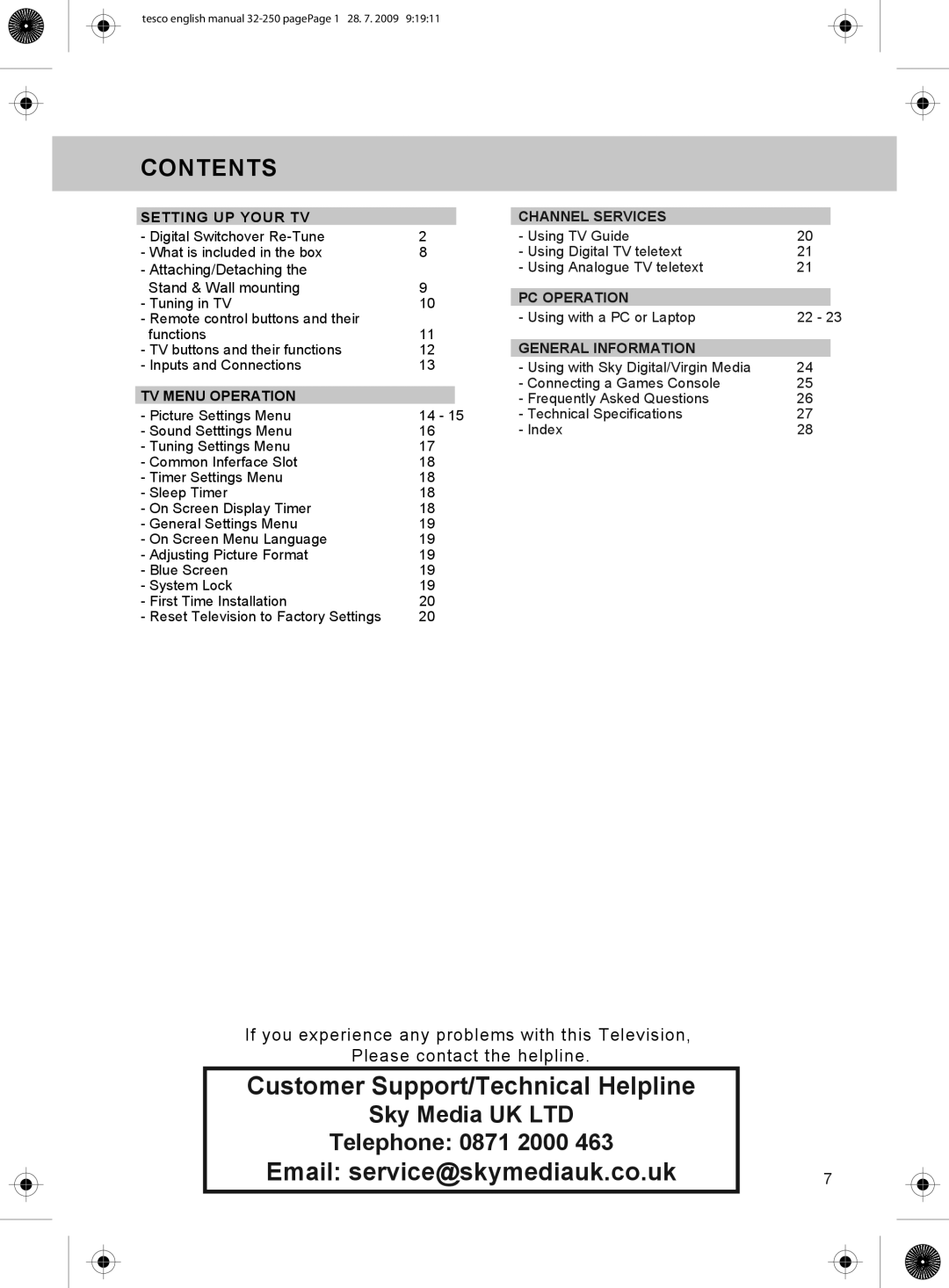 Technika 32-250 manual Email service@skymediauk.co.uk, Contents 