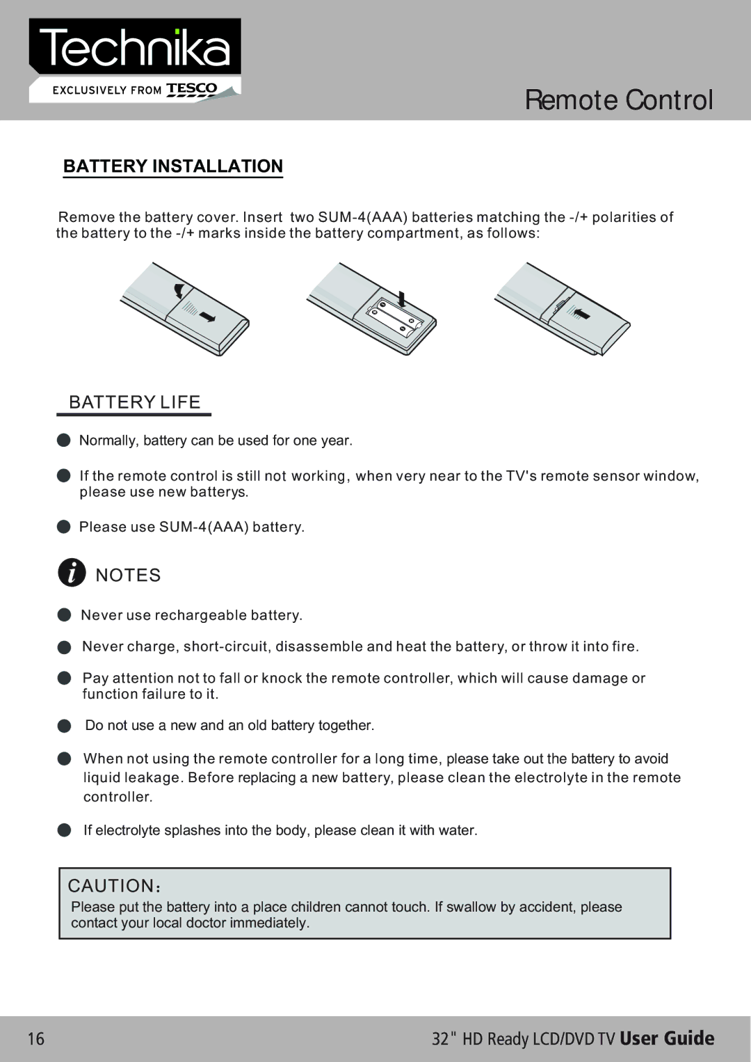 Technika 32-612 manual Remote Control, Battery Installation 