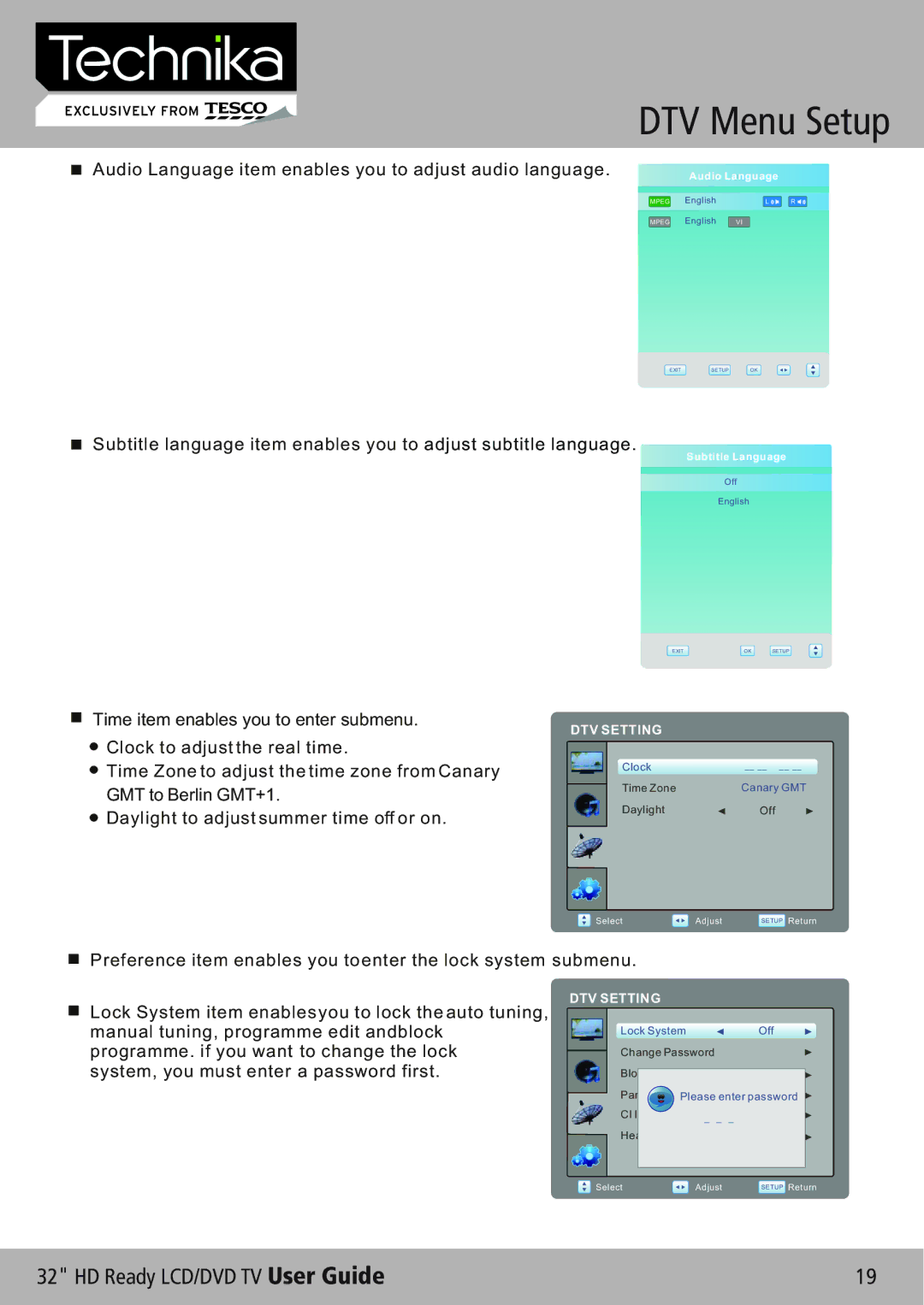 Technika 32-612 manual Audio Language item enables you to adjust audio language 