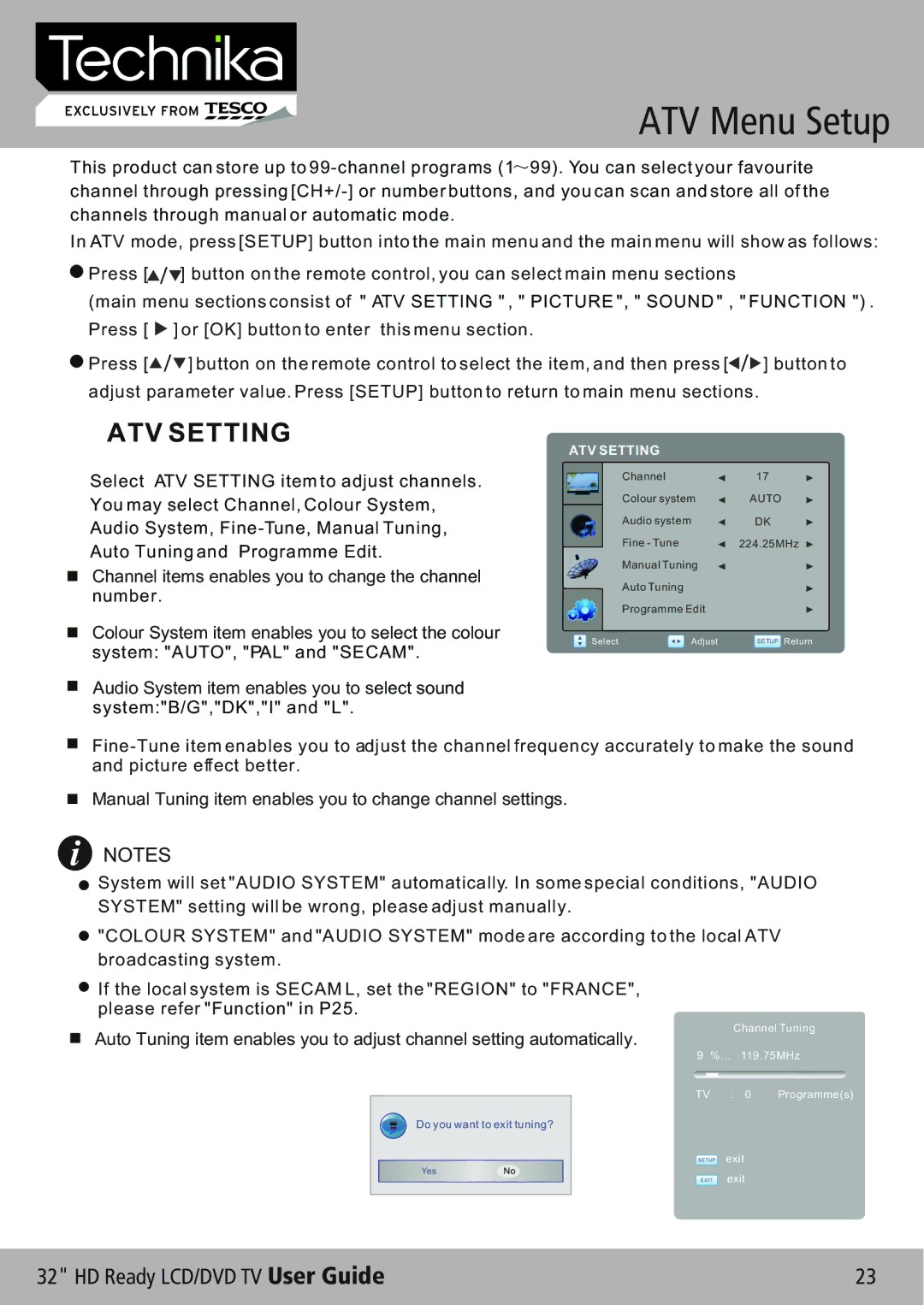 Technika 32-612 manual ATV Menu Setup, ATV Setting 