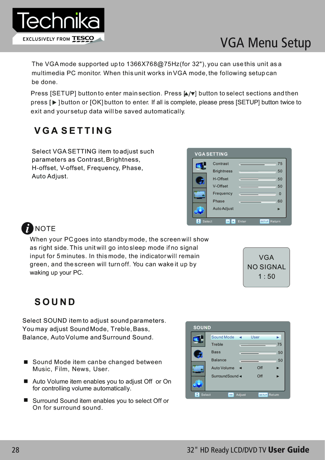 Technika 32-612 manual VGA Menu Setup, A S E T T I N G, U N D 