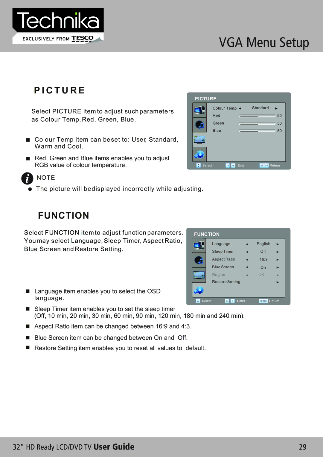 Technika 32-612 manual C T U R E, Language item enables you to select the OSD language 