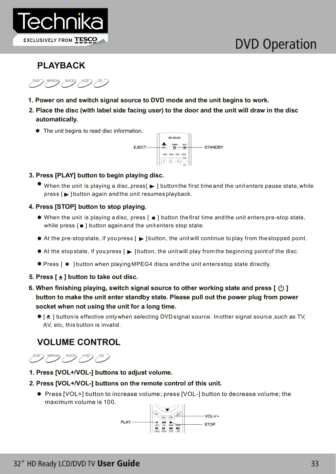 Technika 32-612 manual Playback, Volume Control 