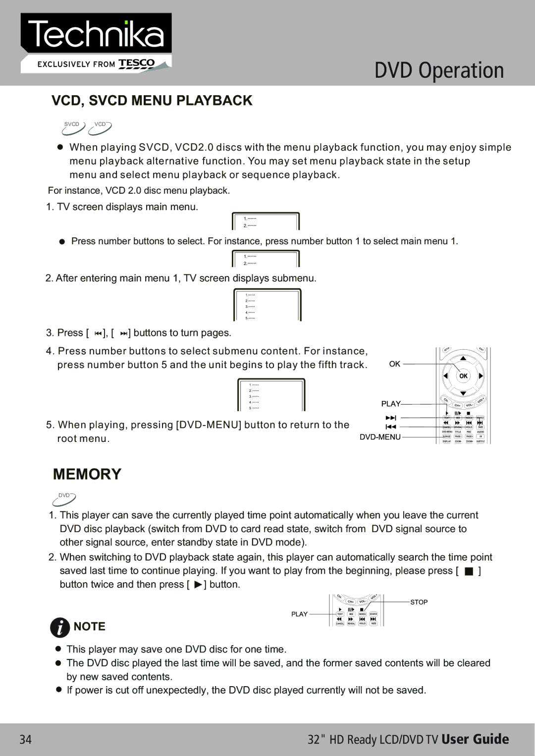 Technika 32-612 manual Memory, VCD, Svcd Menu Playback 