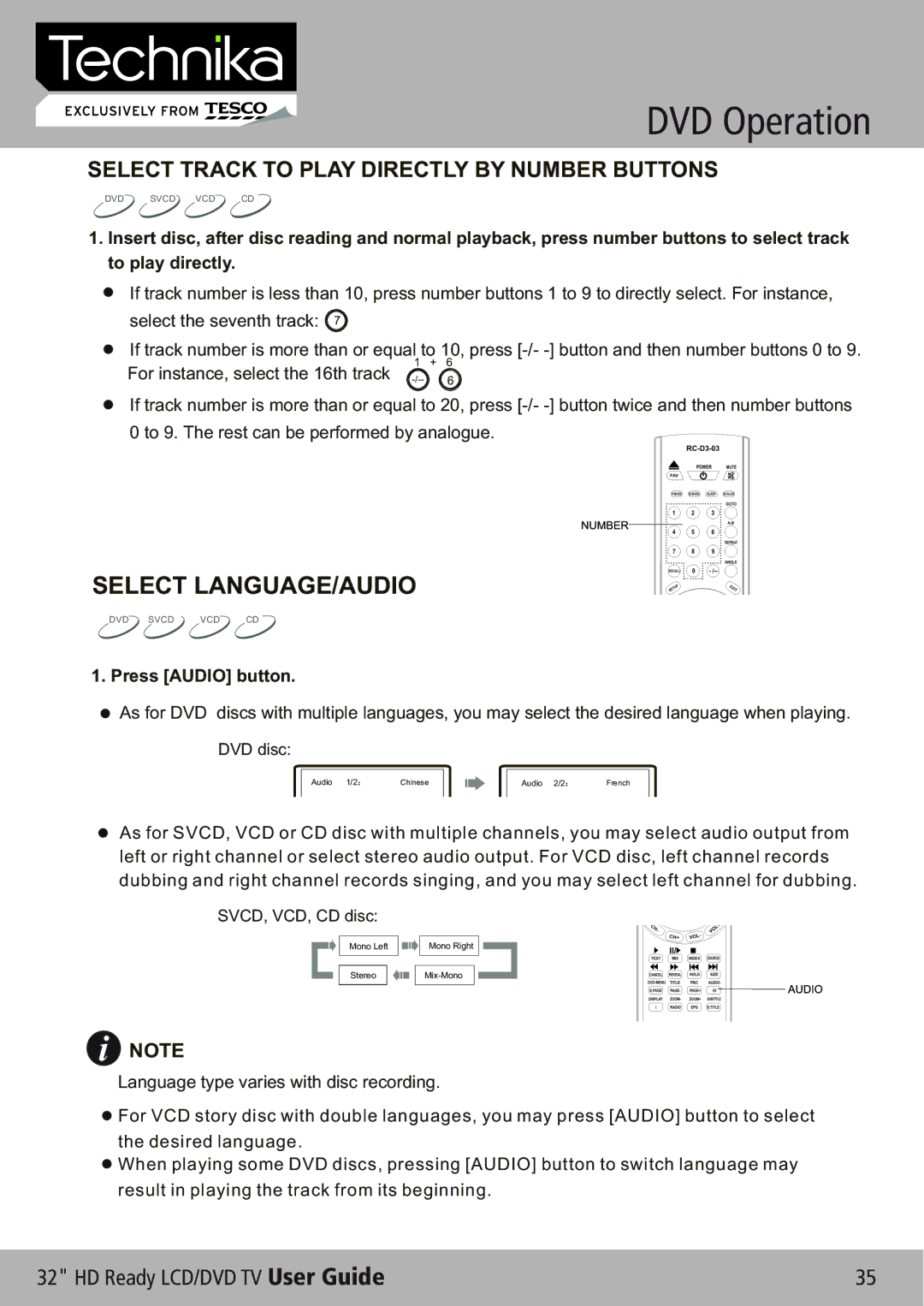 Technika 32-612 manual Select LANGUAGE/AUDIO, Select Track to Play Directly by Number Buttons 