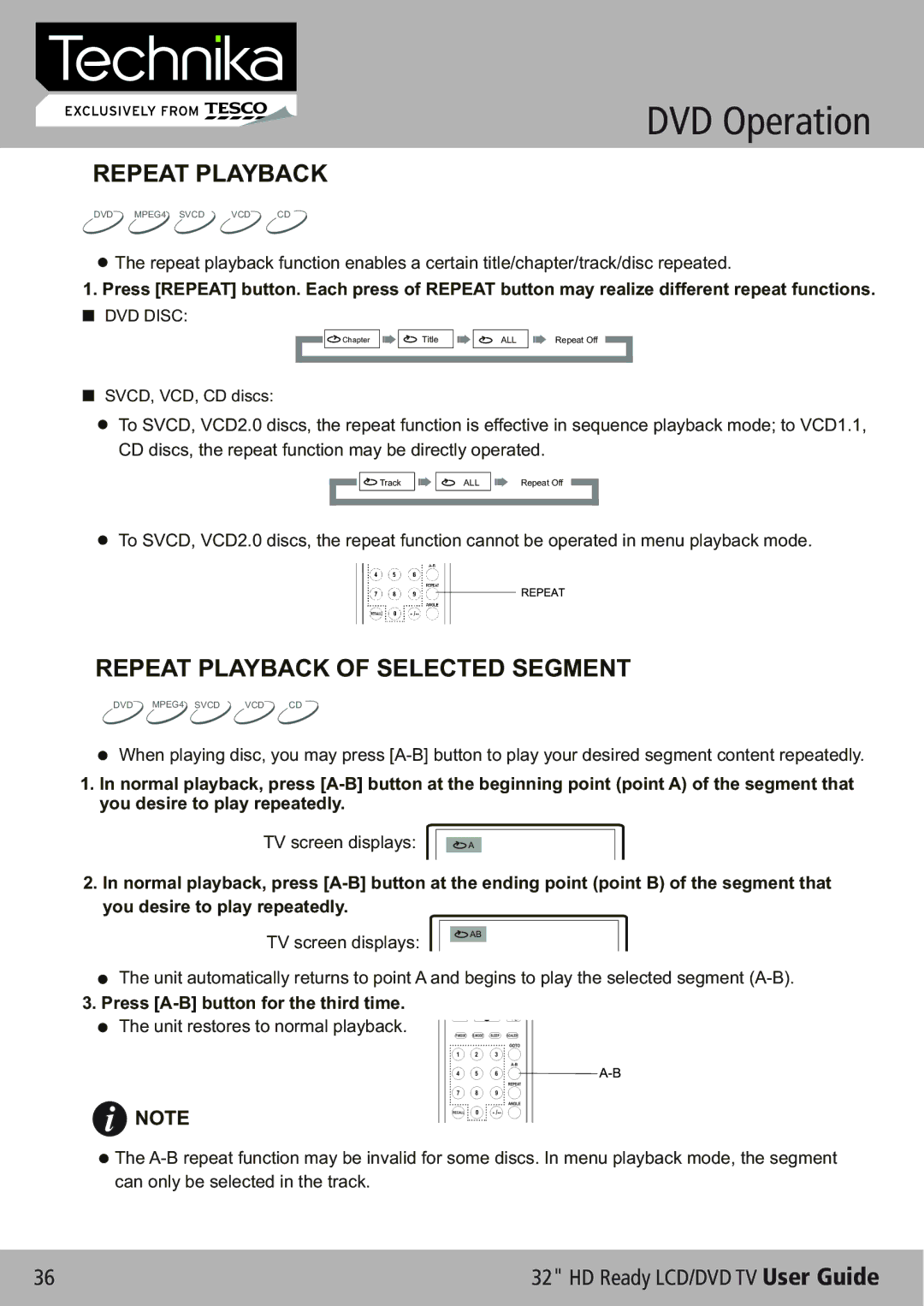 Technika 32-612 manual Repeat Playback of Selected Segment 