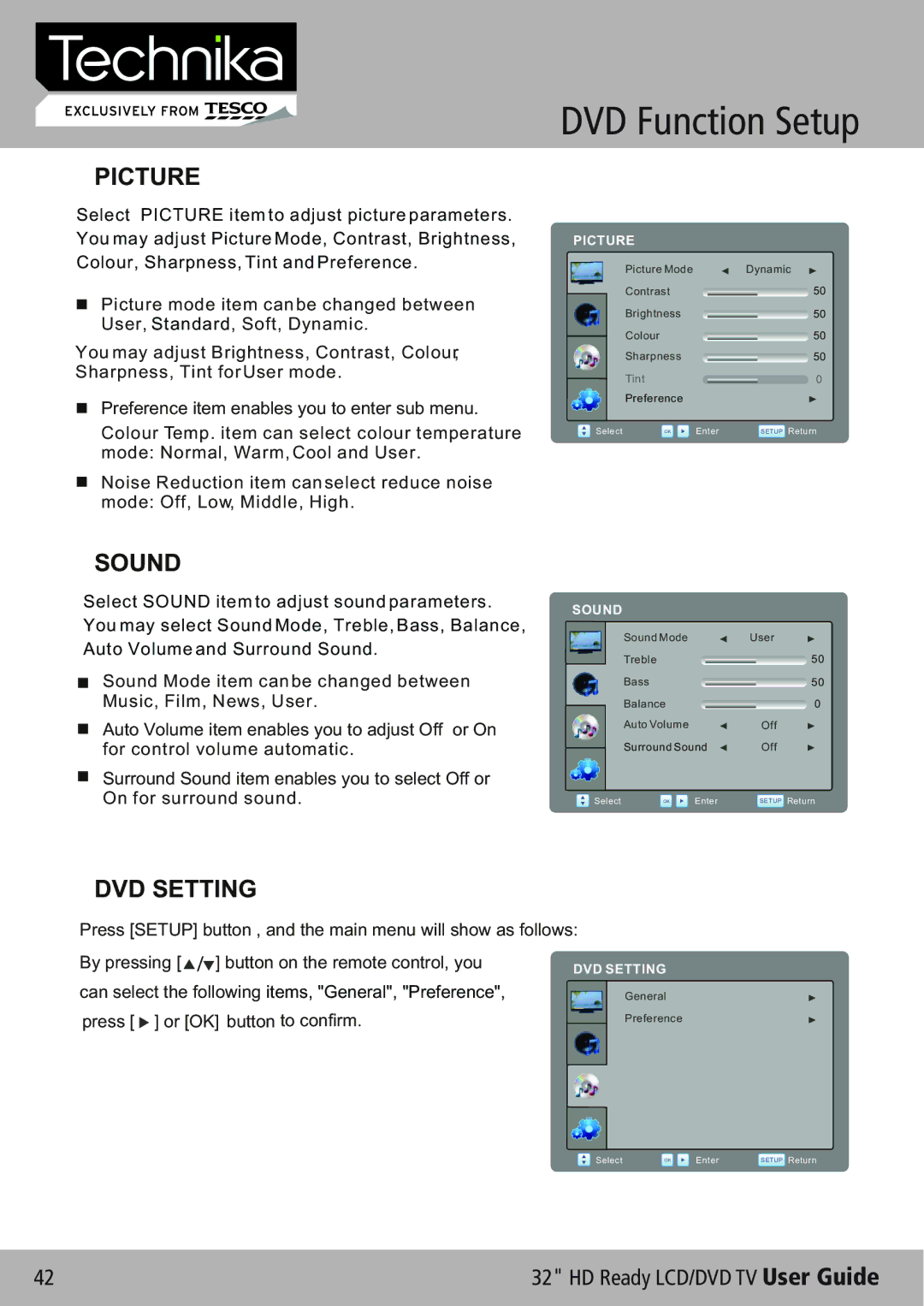 Technika 32-612 manual Picture, Sound, DVD Setting 