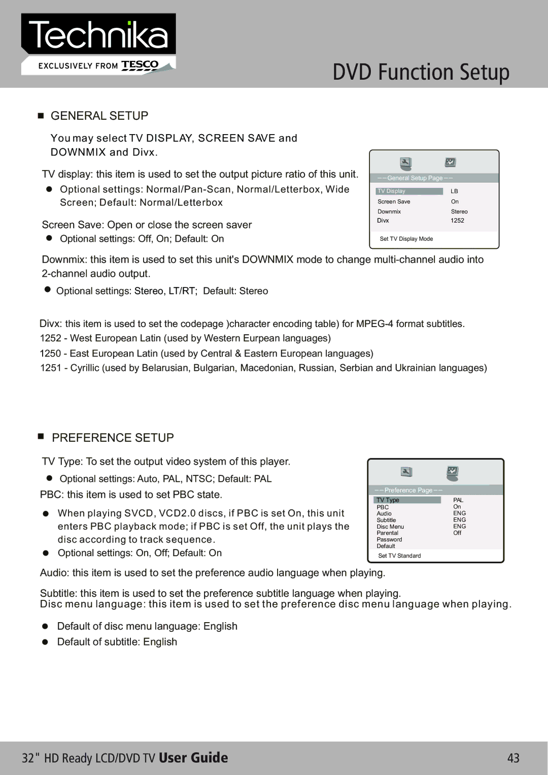 Technika 32-612 manual DVD Function Setup, General Setup 