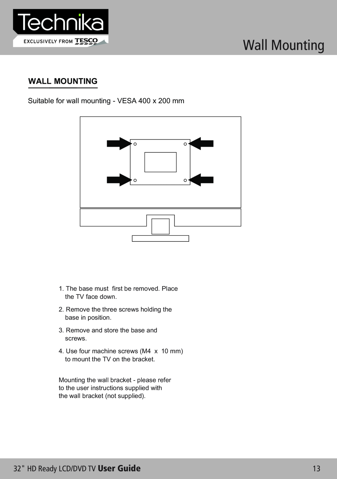Technika 32-612 manual Wall Mounting, HD Ready LCD/DVD TV User Guide 