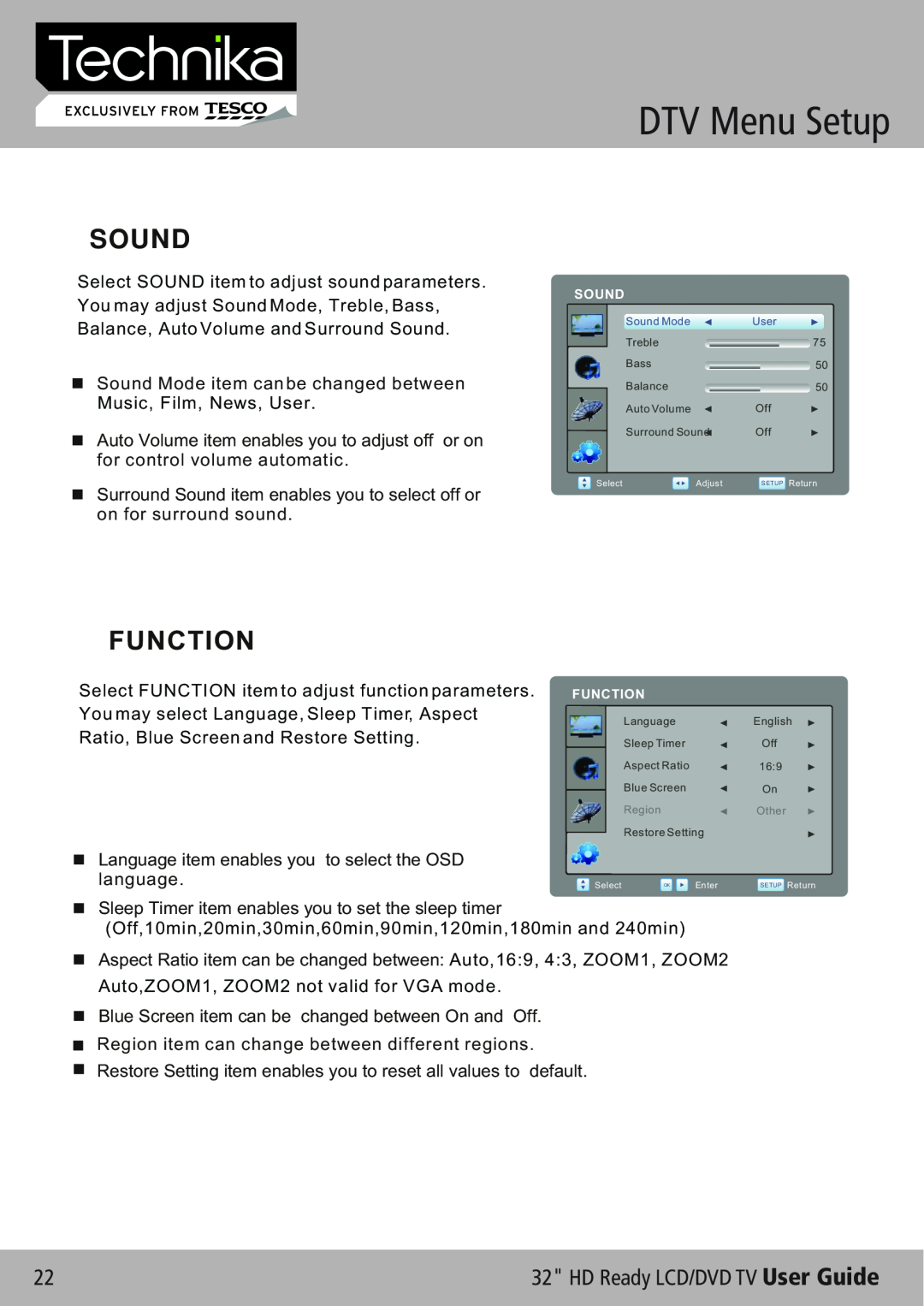Technika 32-612 manual Sound, Function, DTV Menu Setup, HD Ready LCD/DVD TV User Guide 