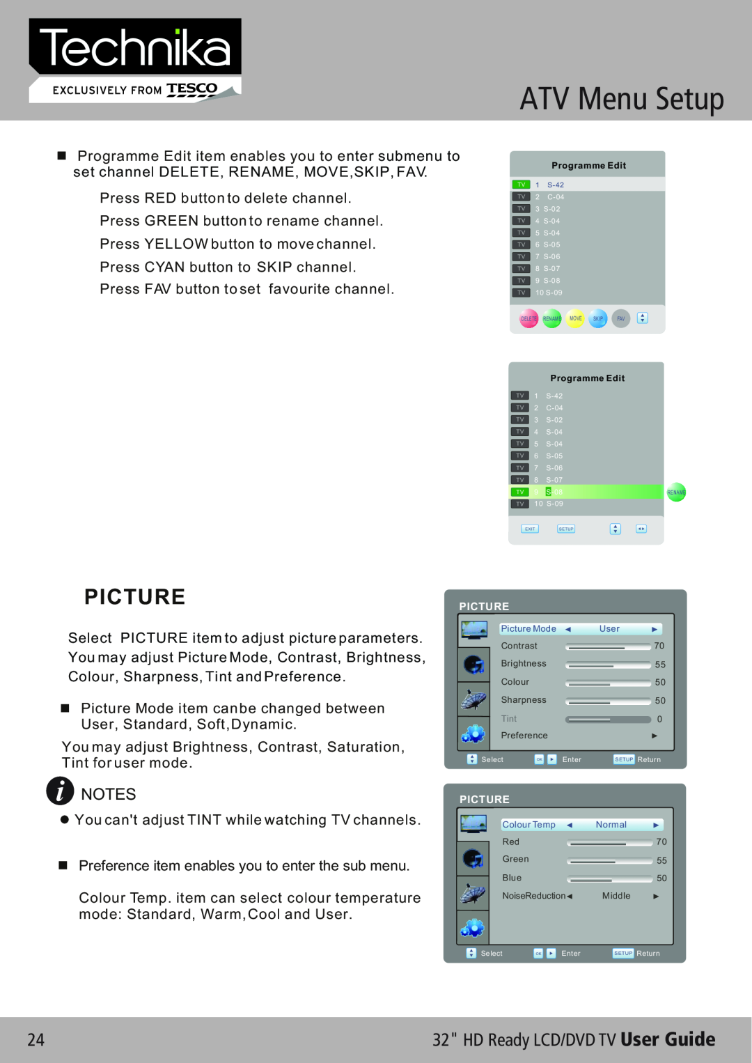 Technika 32-612 manual ATV Menu Setup, Picture, HD Ready LCD/DVD TV User Guide, Programme Edit 