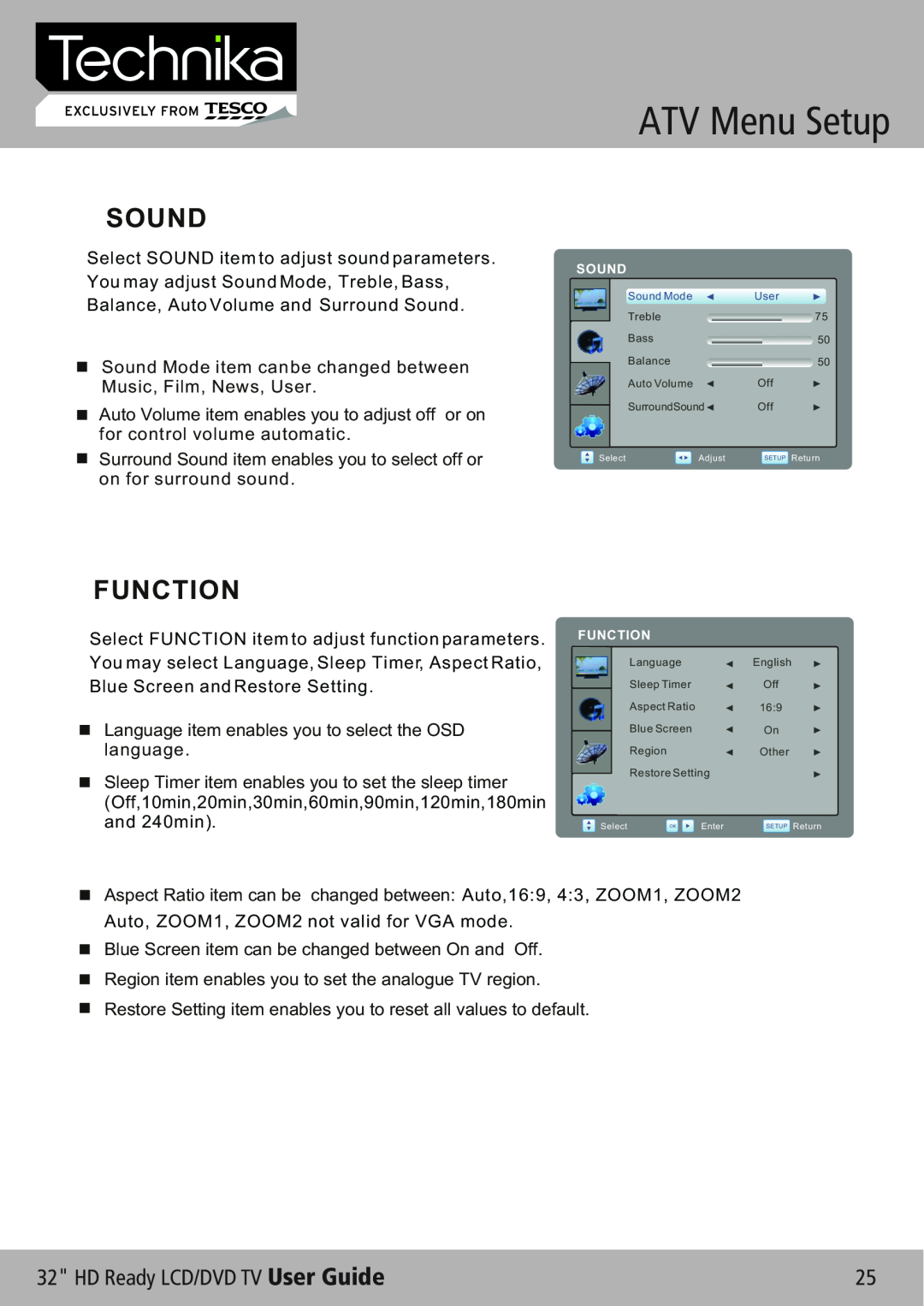 Technika 32-612 manual ATV Menu Setup, Sound, Function, HD Ready LCD/DVD TV User Guide 