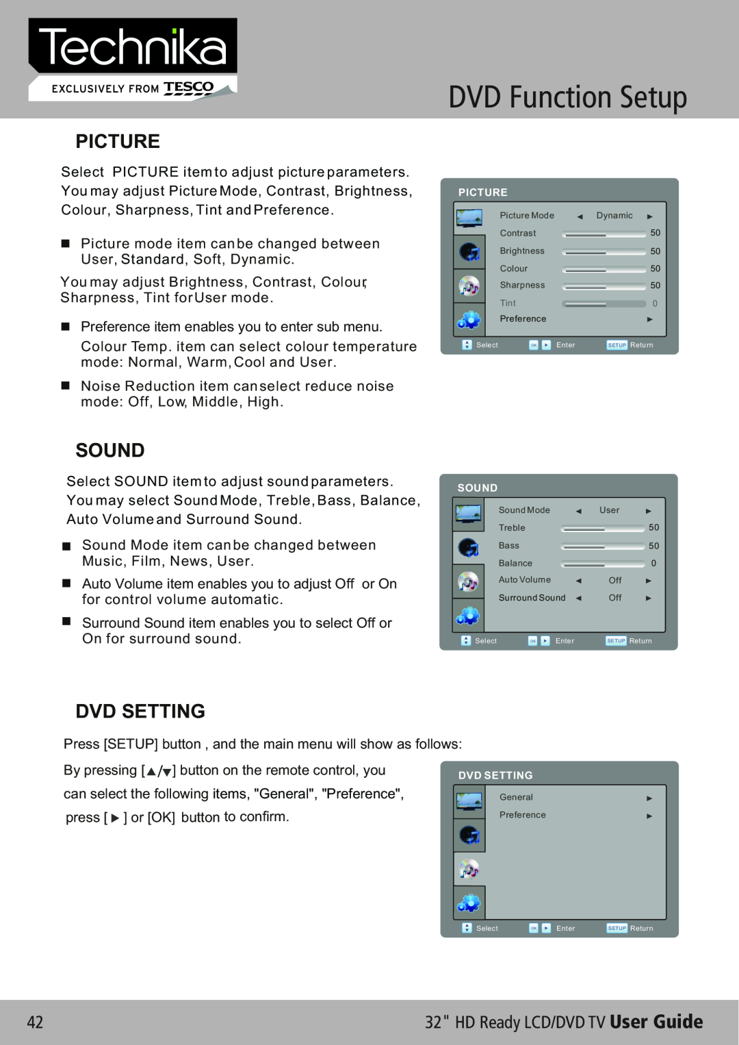 Technika 32-612 manual DVD Function Setup, Picture, Sound, Dvd Setting, HD Ready LCD/DVD TV User Guide 