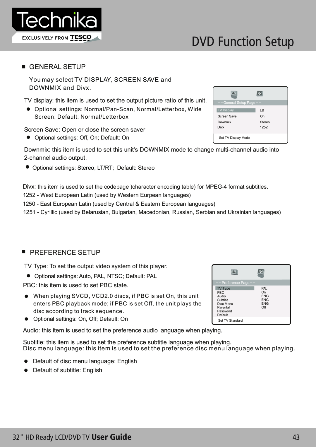 Technika 32-612 manual DVD Function Setup, HD Ready LCD/DVD TV User Guide, General Setup, Preference Setup 