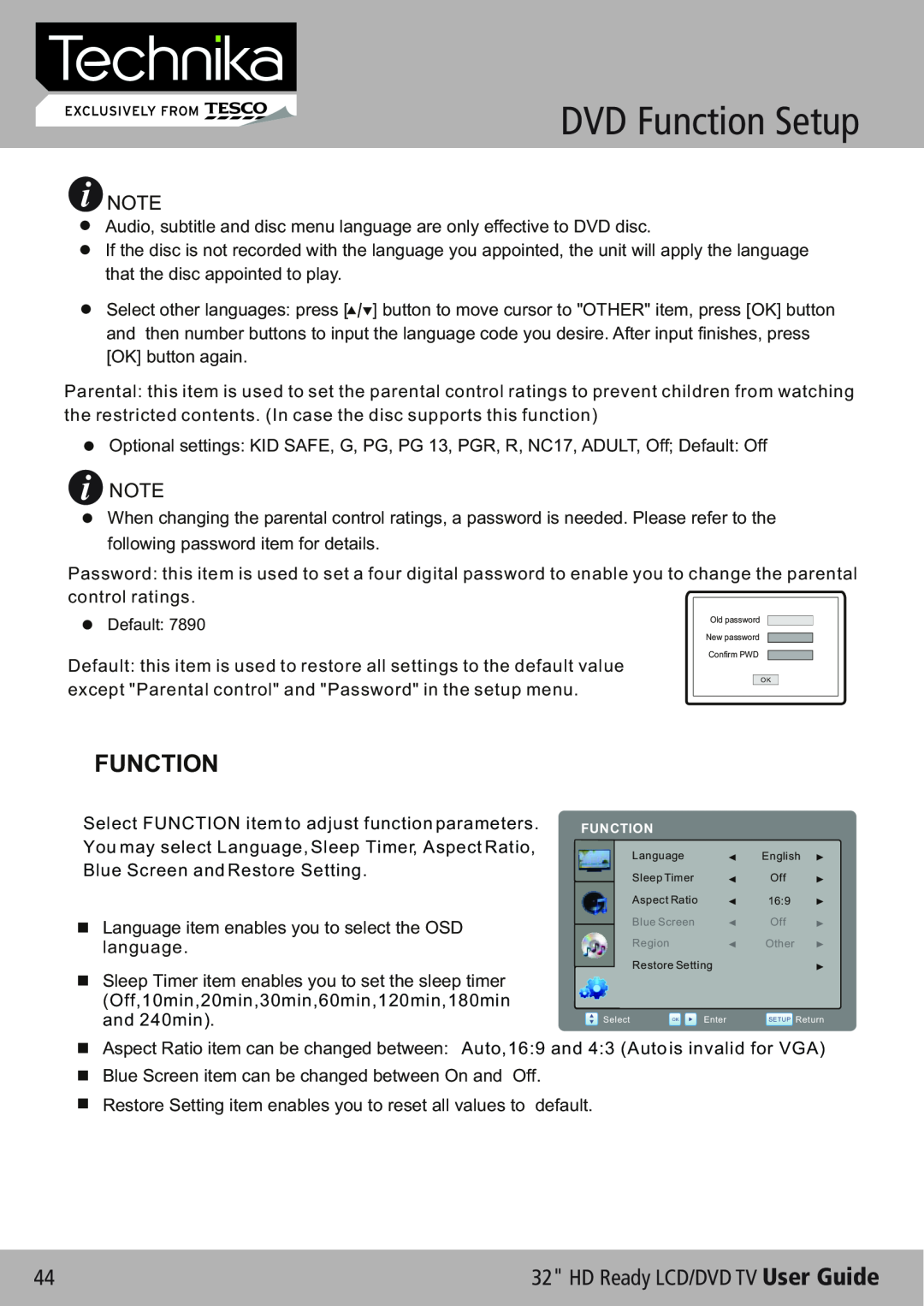 Technika 32-612 manual DVD Function Setup, HD Ready LCD/DVD TV User Guide, Default 