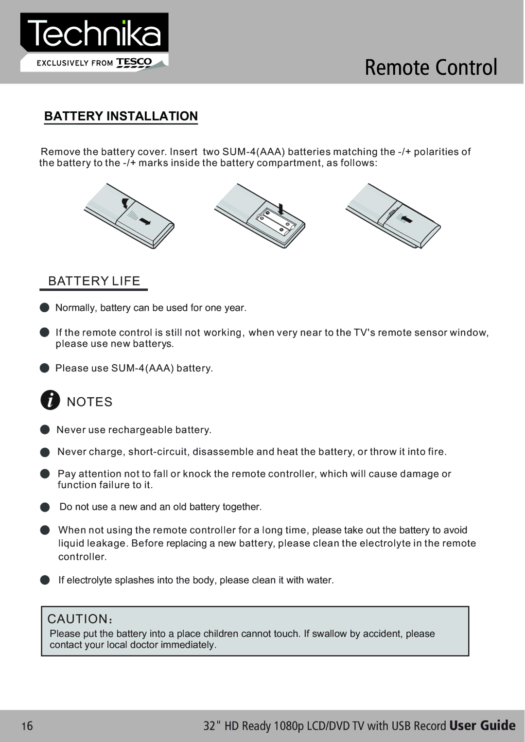 Technika 32-630 manual Battery Installation, Battery Life 