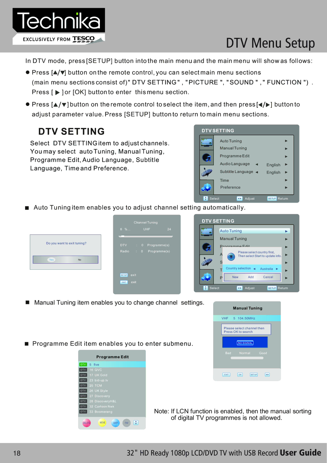 Technika 32-630 manual DTV Menu Setup, DTV Setting 