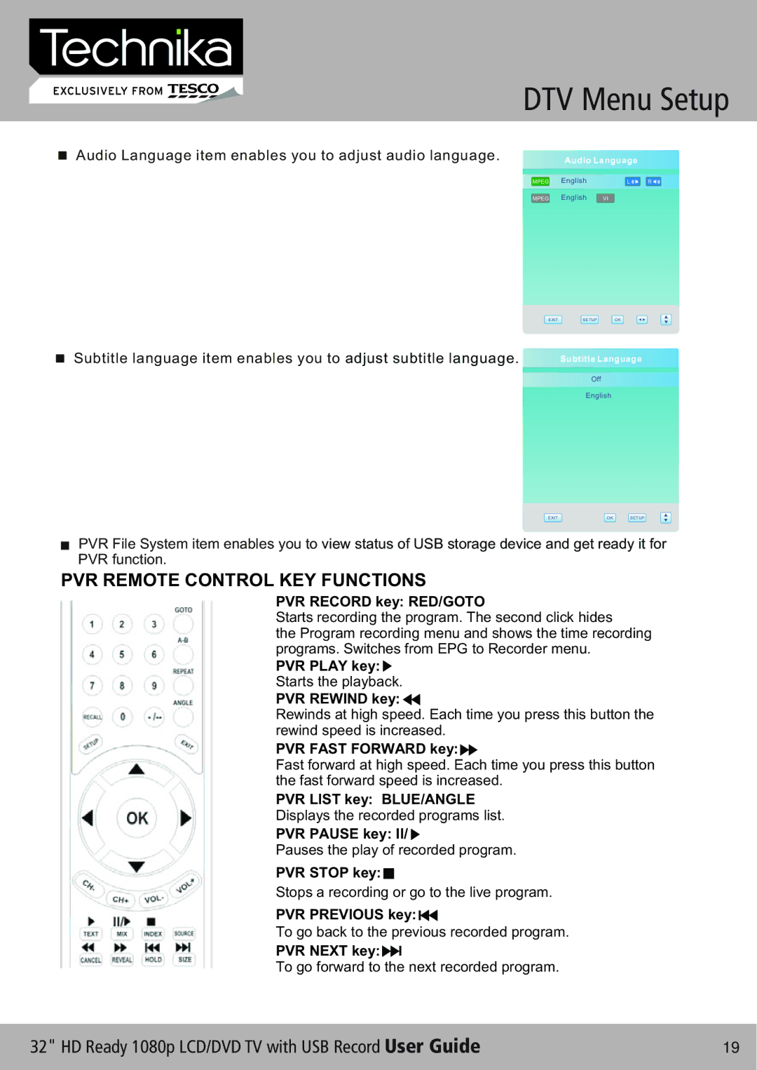 Technika 32-630 manual PVR Remote Control KEY Functions, PVR Record key RED/GOTO 