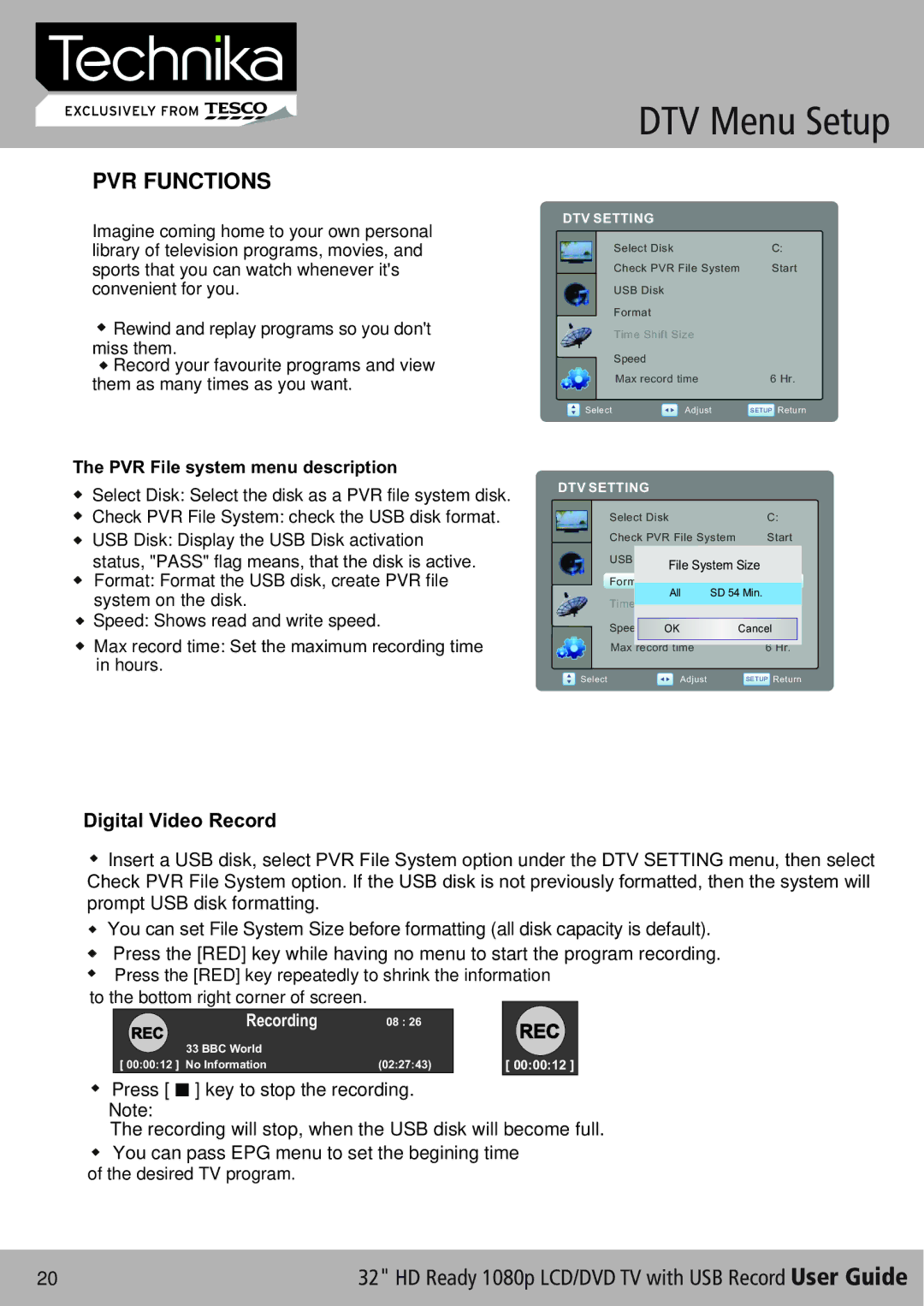 Technika 32-630 manual PVR Functions, PVR File system menu description 