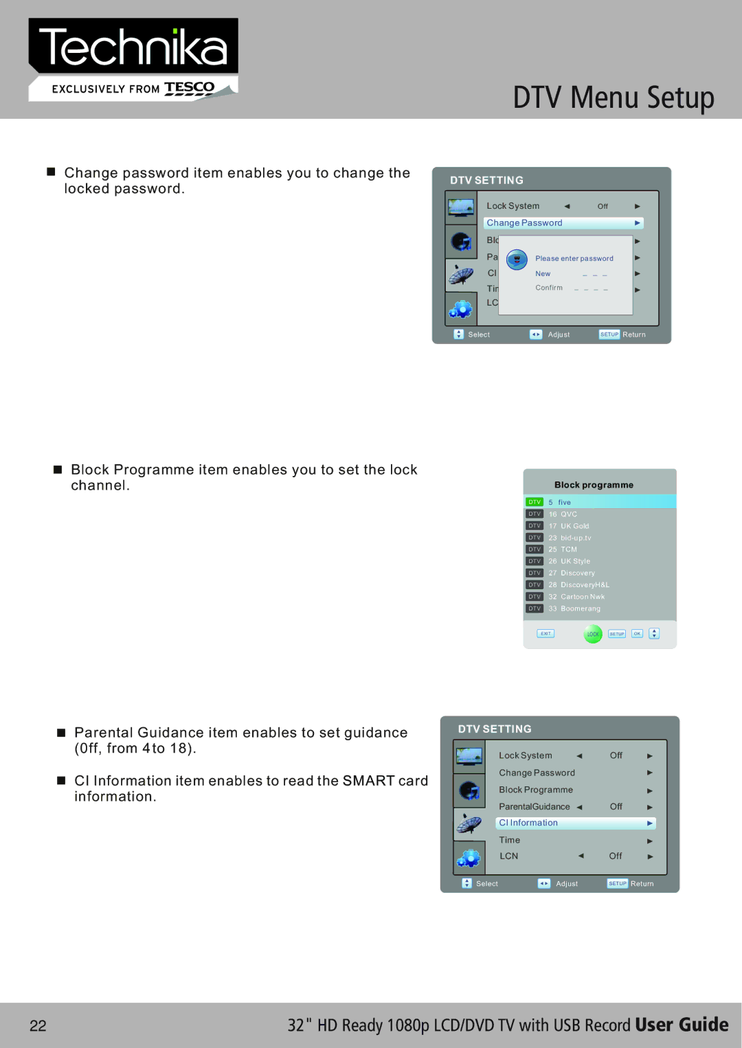 Technika 32-630 manual Block Programme item enables you to set the lock channel 