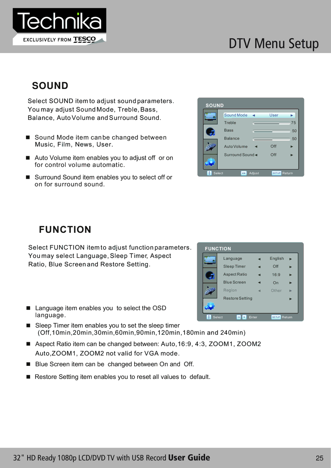 Technika 32-630 manual Sound, Function 