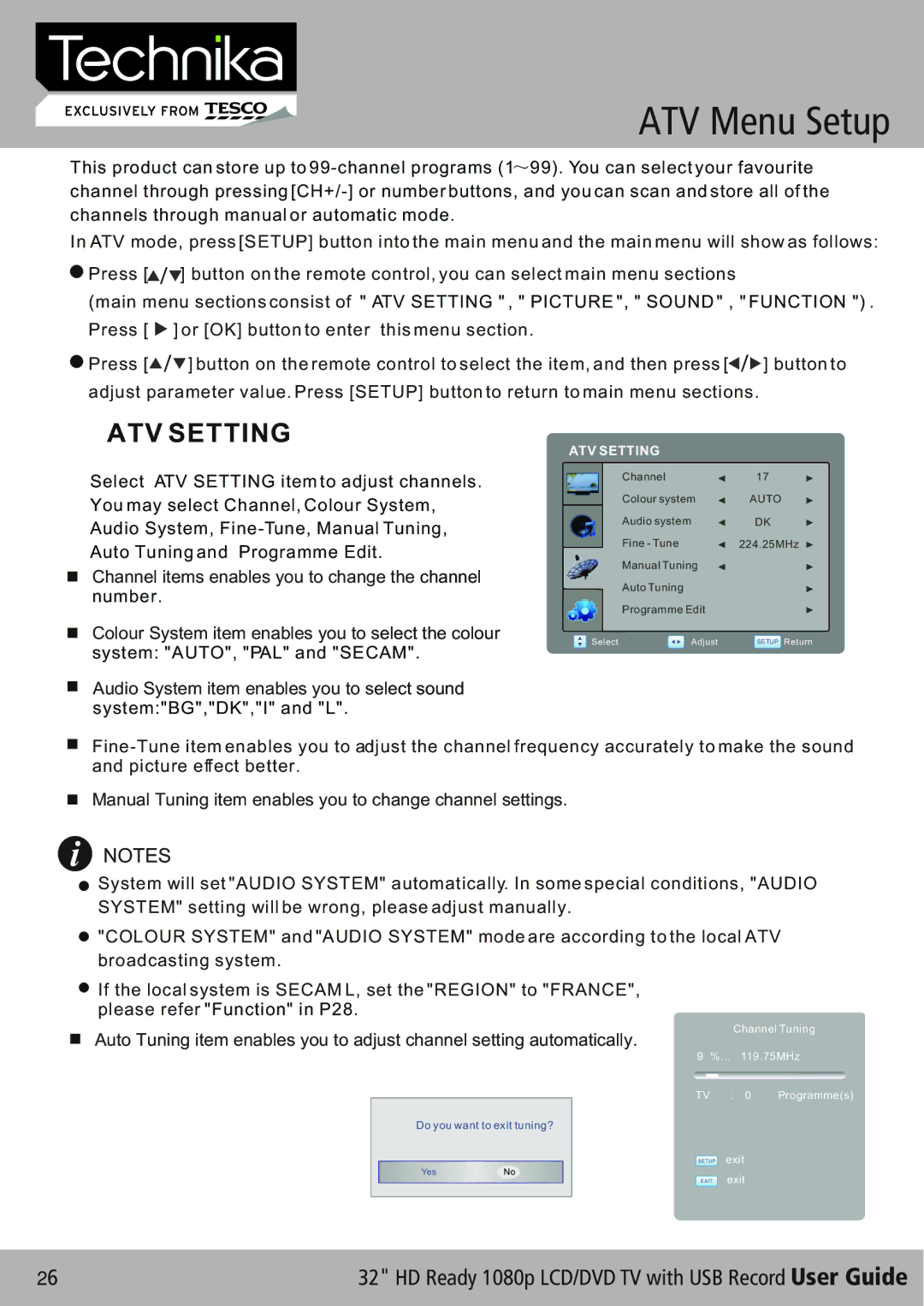 Technika 32-630 manual ATV Menu Setup, ATV Setting 