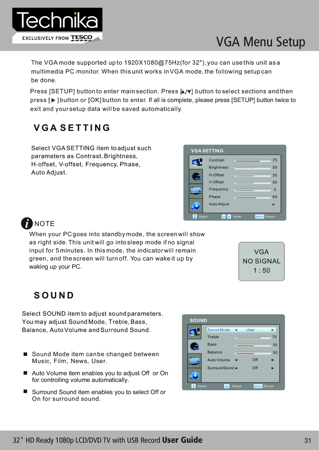 Technika 32-630 manual VGA Menu Setup, A S E T T I N G, U N D 