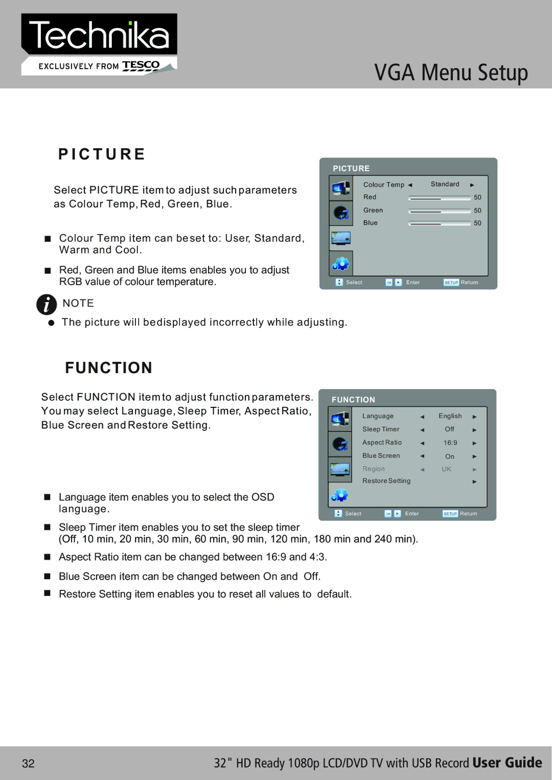 Technika 32-630 manual C T U R E, Language item enables you to select the OSD language 