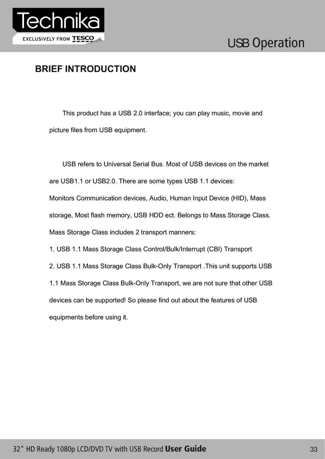 Technika 32-630 manual USB Operation, Brief Introduction 