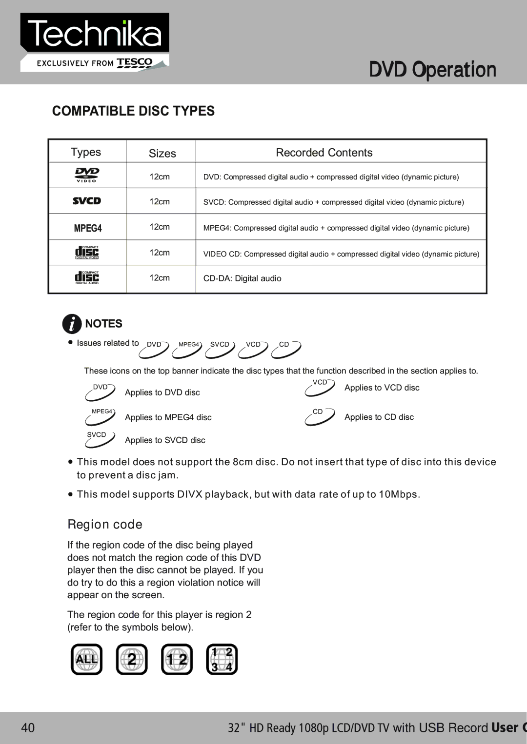 Technika 32-630 manual Compatible Disc Types, Types Sizes Recorded Contents 