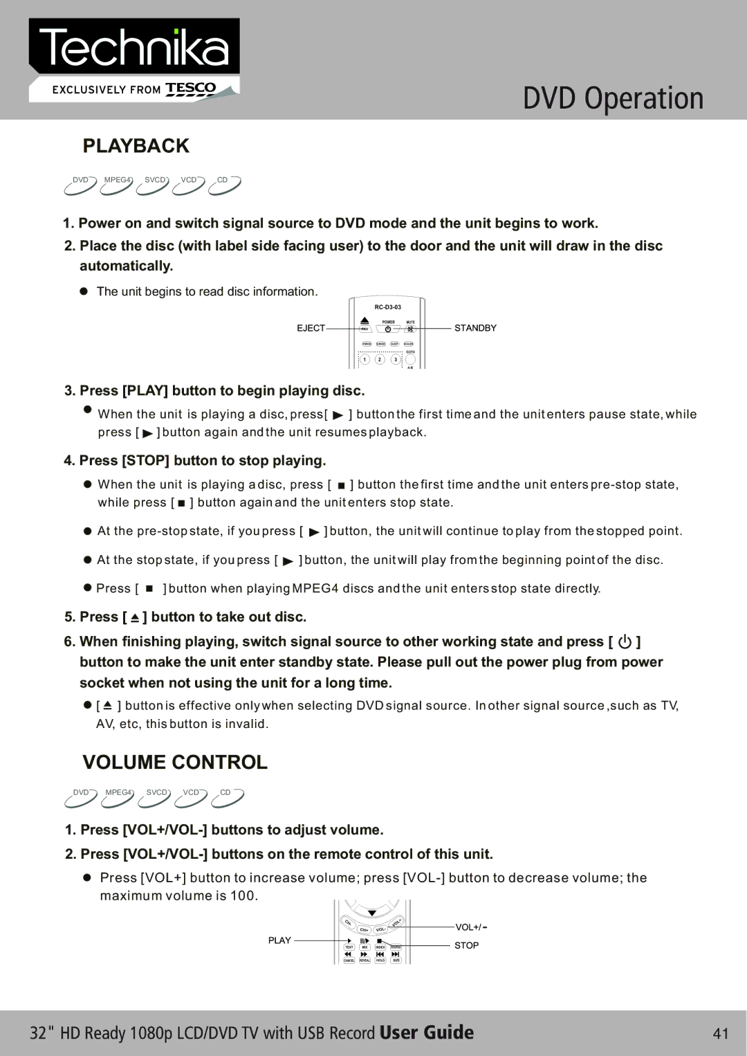 Technika 32-630 manual Playback, Volume Control 