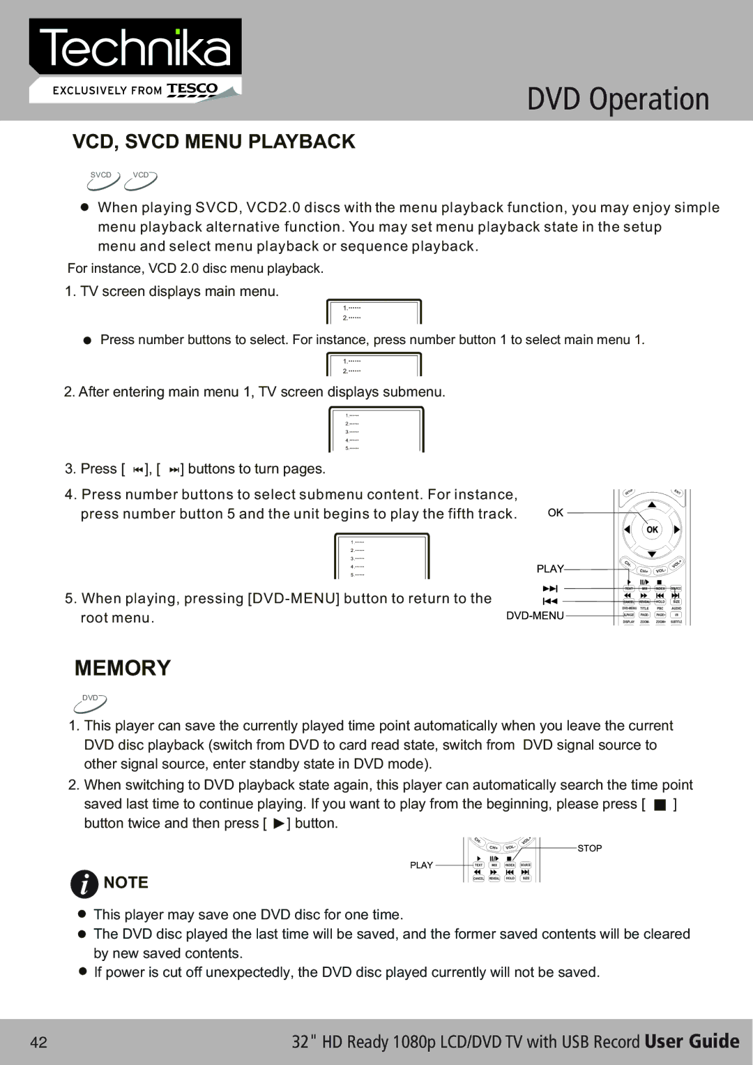 Technika 32-630 manual Memory, VCD, Svcd Menu Playback 