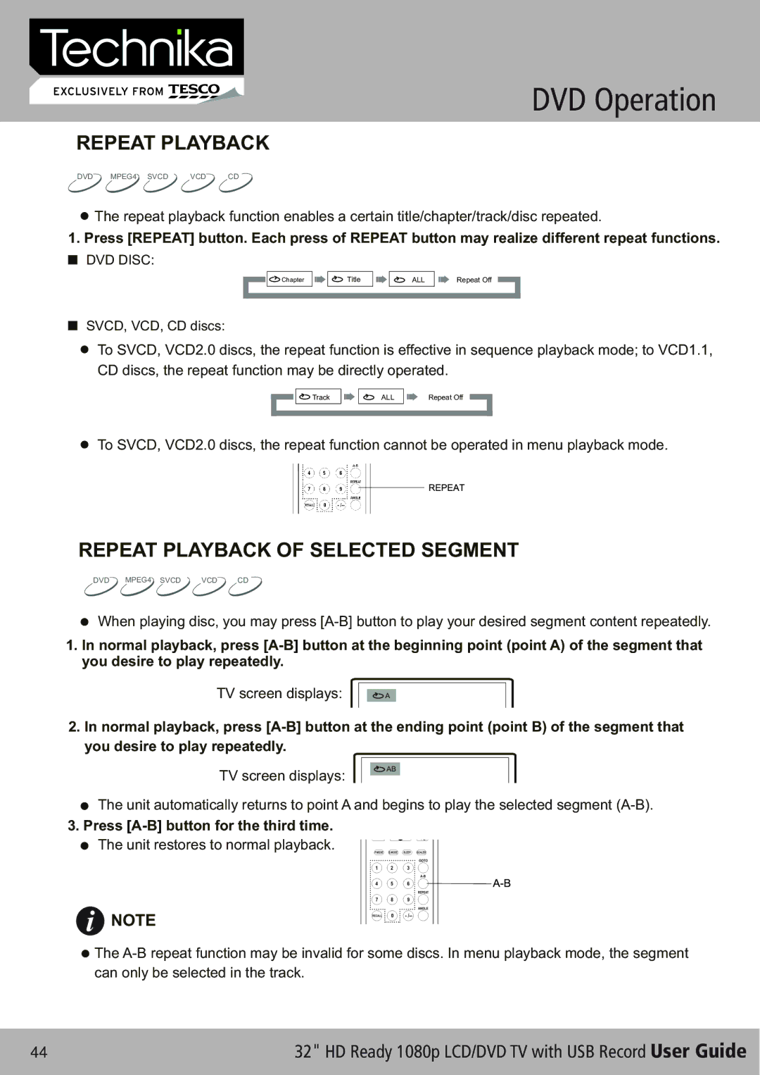 Technika 32-630 manual Repeat Playback of Selected Segment 