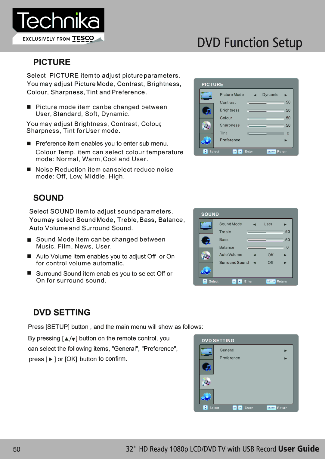 Technika 32-630 manual Picture, Sound, DVD Setting 