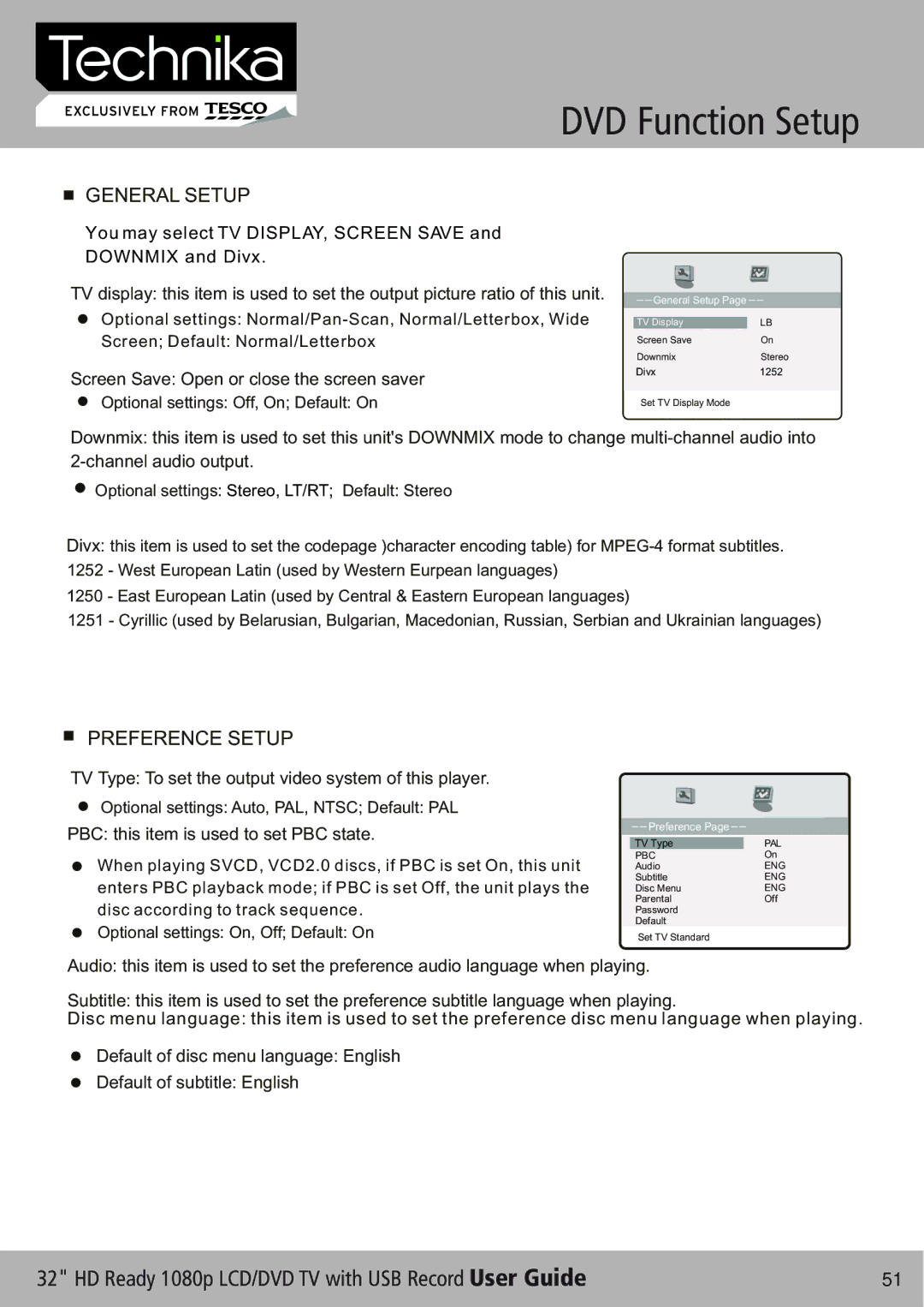 Technika 32-630 manual DVD Function Setup, General Setup 